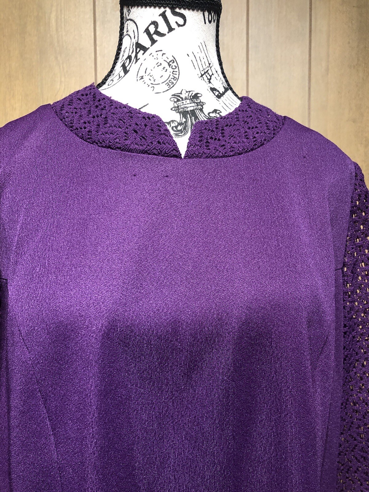 VTG 60s Mynete Polyester Eggplant Purple Mod GoGo Lace Sleeves Mini Dress ~L/XL