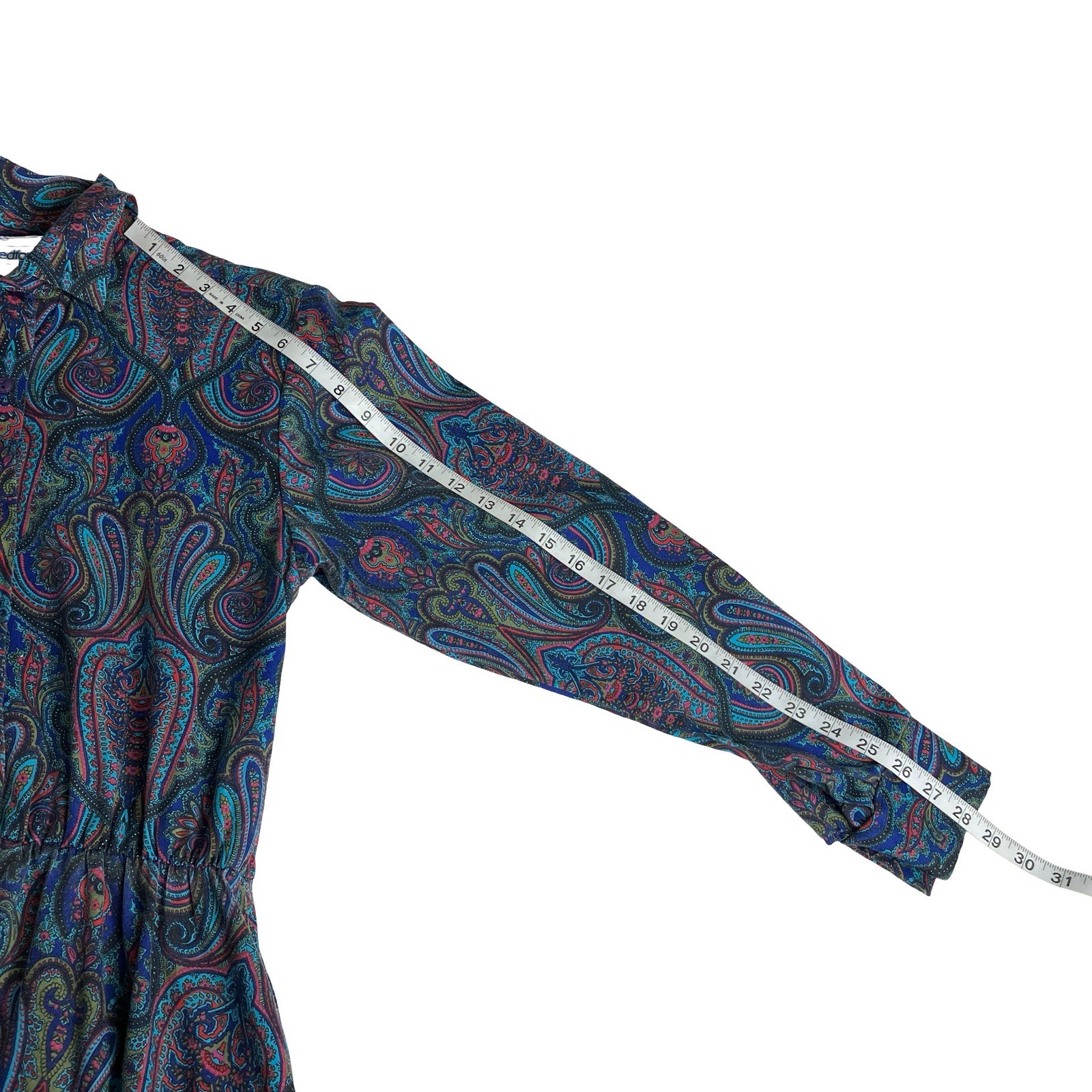 Vintage 80s Bedford Fair Paisley Midi Dress Womens 6 Long Sleeve Belted Boho Mod