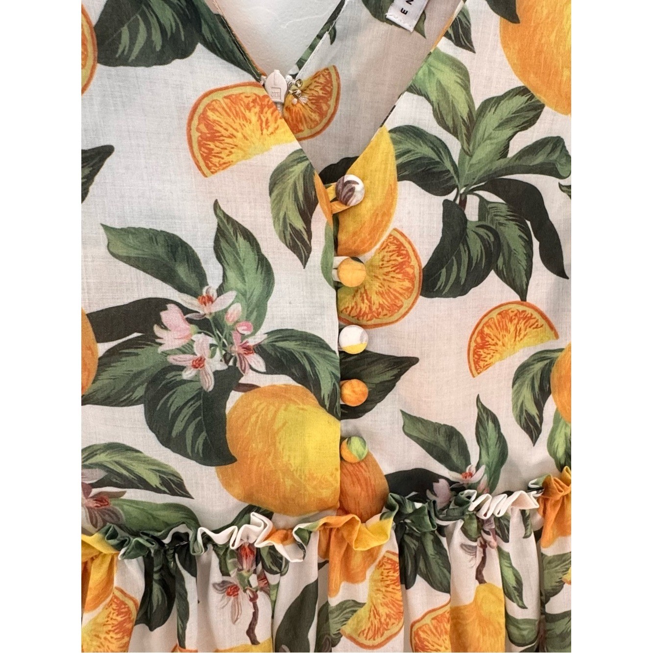 English Factory Lemon Floral Printed Tie Shoulder Tiered Ruffle Dress M Retro