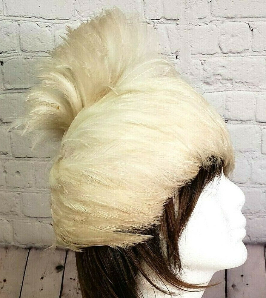 Gay Paree Cocktail Casque Hat White Feather ’50s ’60s Union Made U.S.A. VINTAGE
