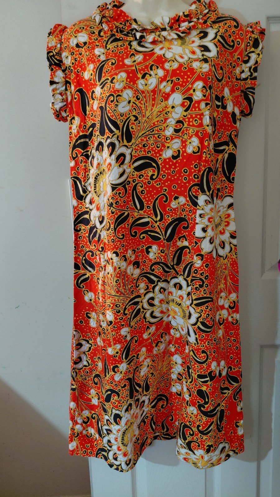 Vtg 60’s 70’s Handmade Psychedelic Orange Red Paisley Shift Dress Medium See Me