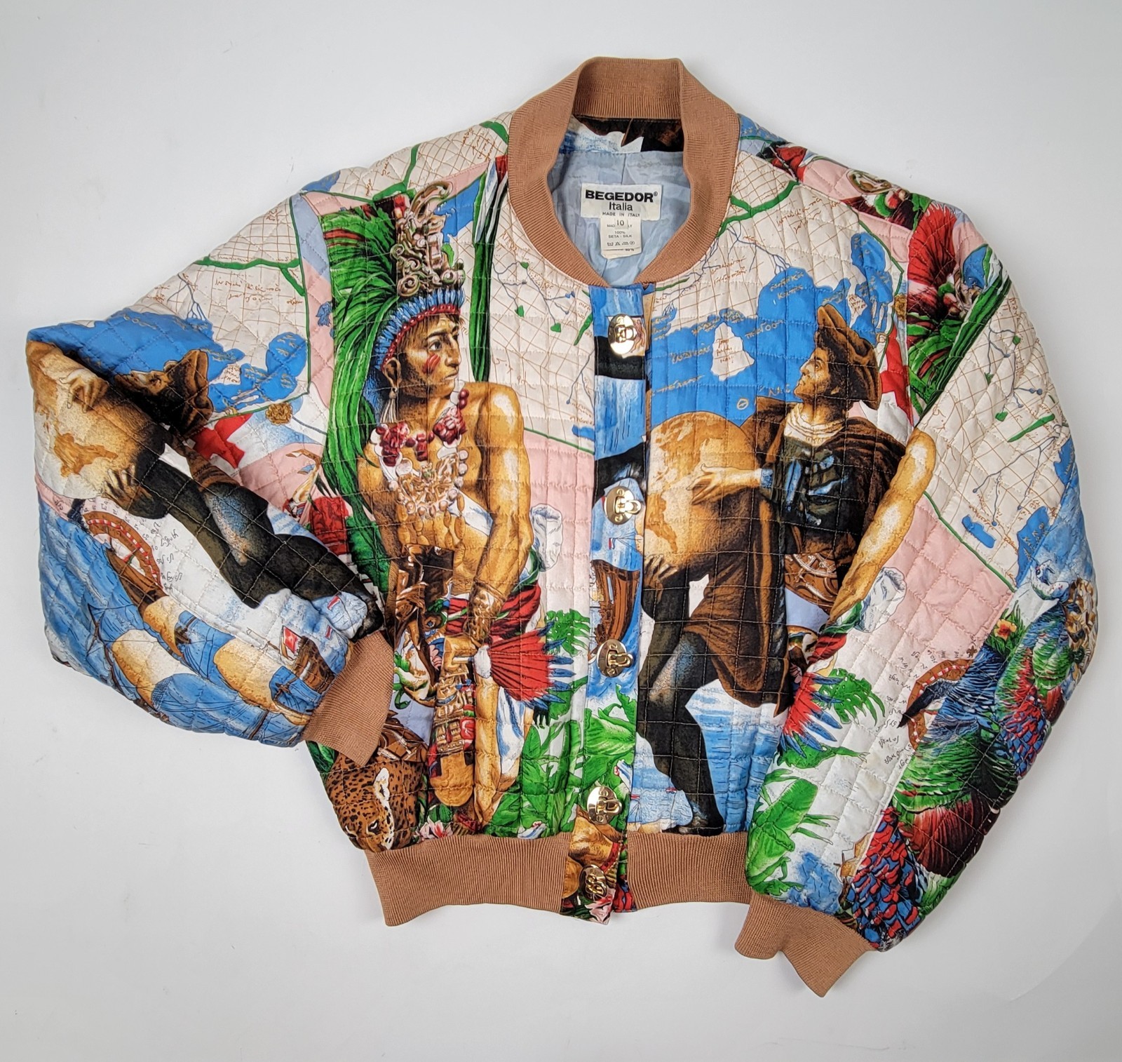 Vtg Begedor Italy 100% silk quilted bomber native meso-Americans Columbus Sz 10