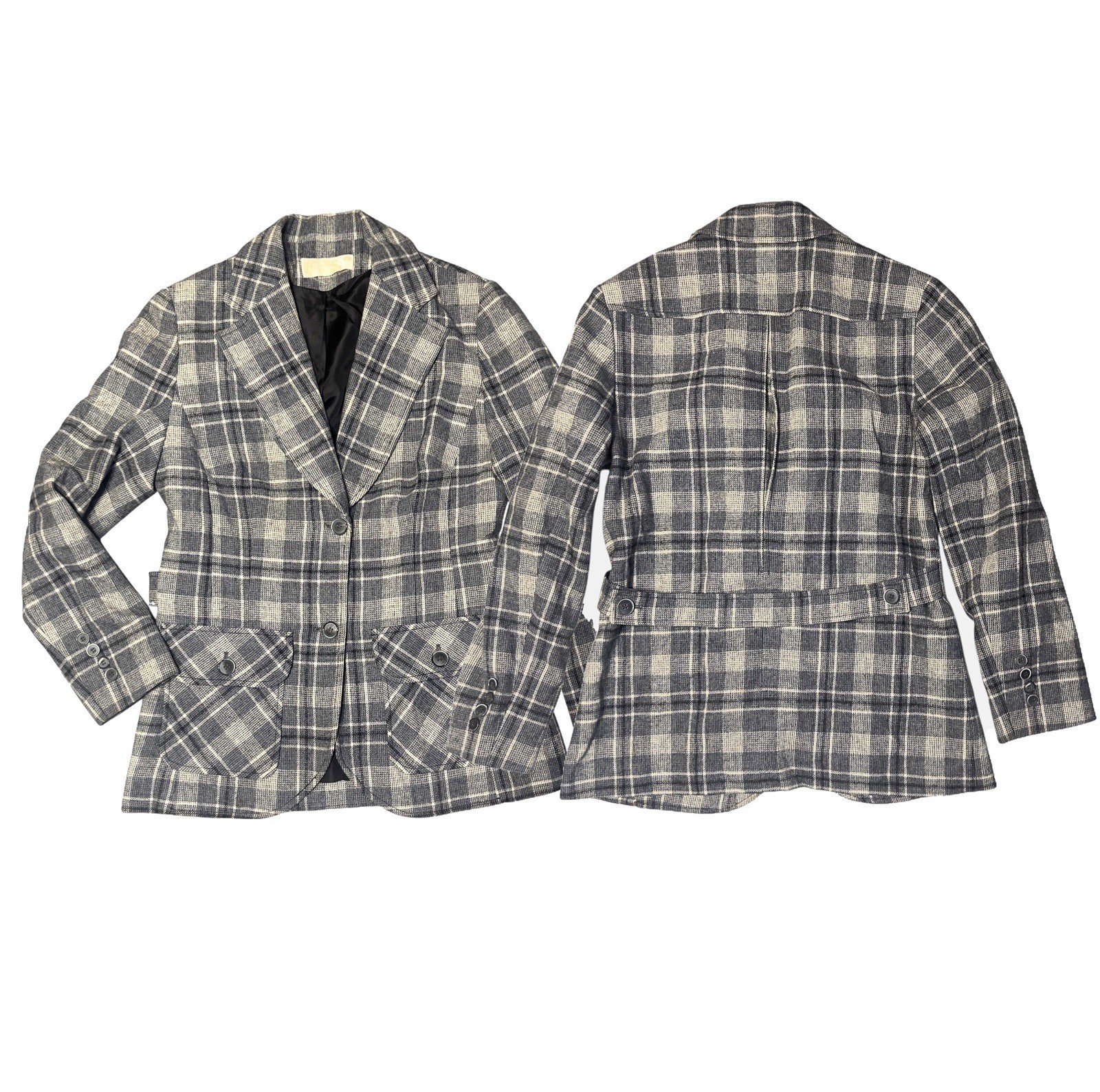 Pendleton Blazer Vintage Womens 12 Gray Beige Plaid Wool Academia Belt Back