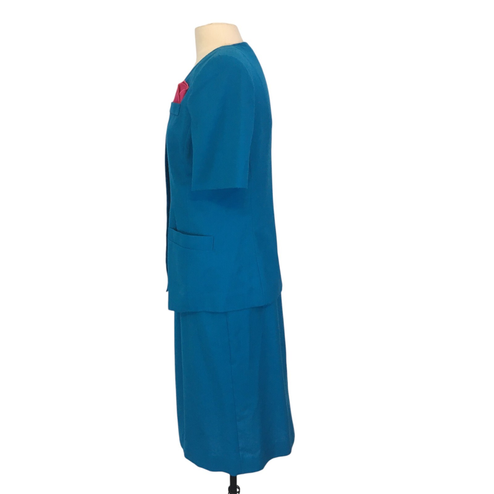 Leslie Fay Vintage 80s Teal Blue White Skirt Suit, Dress, 38 bust, 30 waist