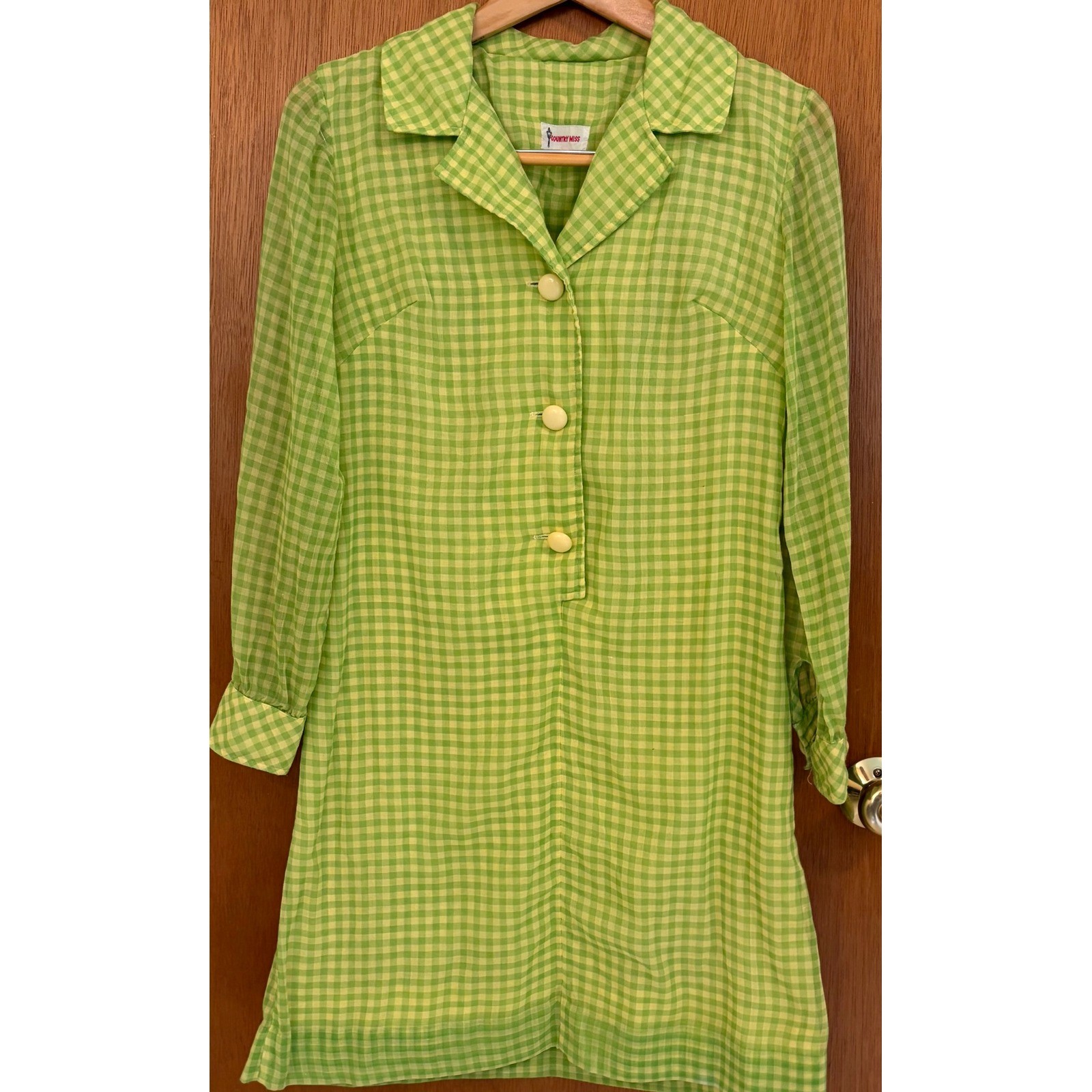 Vintage Country Miss Gingham Shift Dress Green Yellow Plaid Mod 60s 70s Size 12