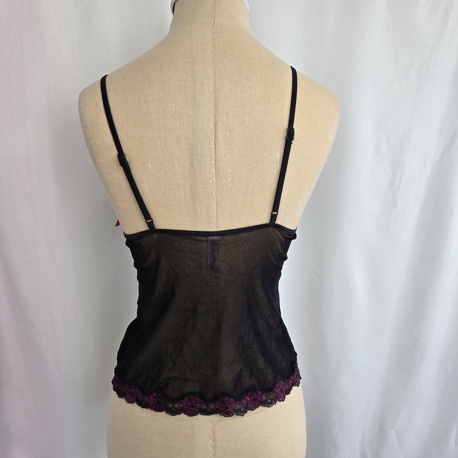 Victoria’s Secret Vtg Y2K Black Mesh Peek-a-Boo Camisole Size S Pink Lace Top
