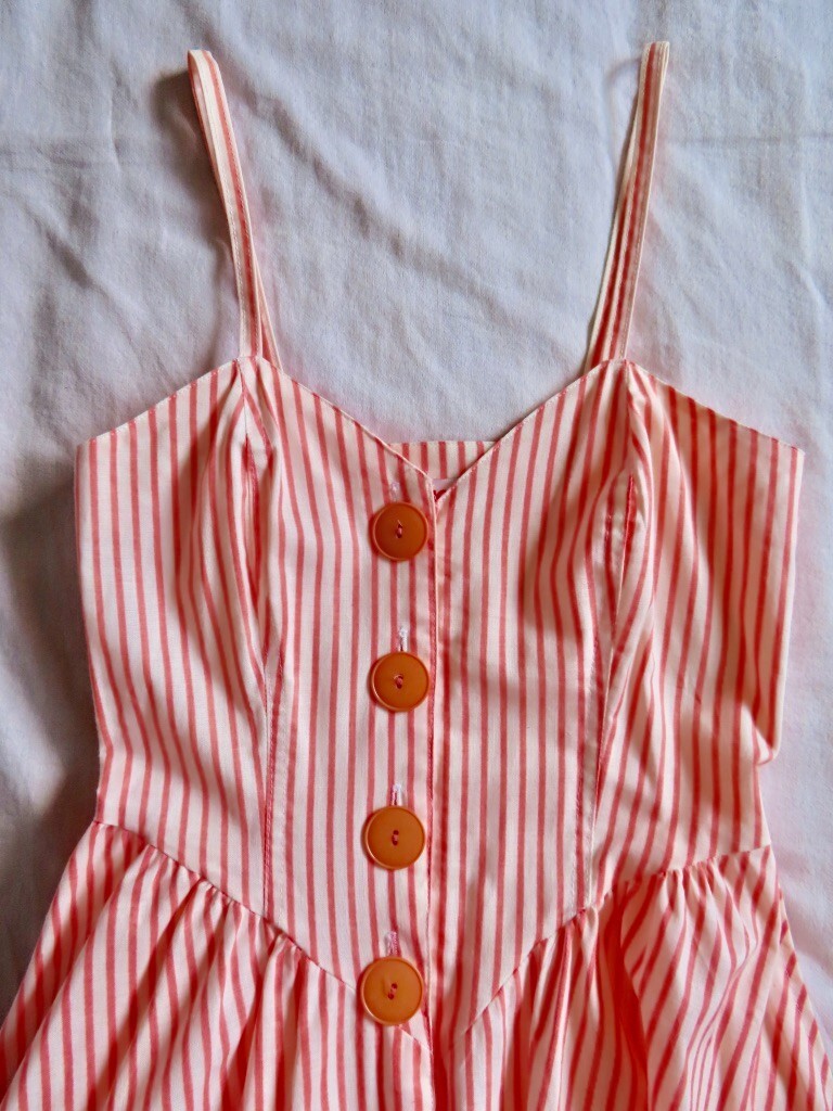 1990s Vintage Orange Stripe Pockets Hang Ten Full Skirt Dress sz XS / 32″ chest