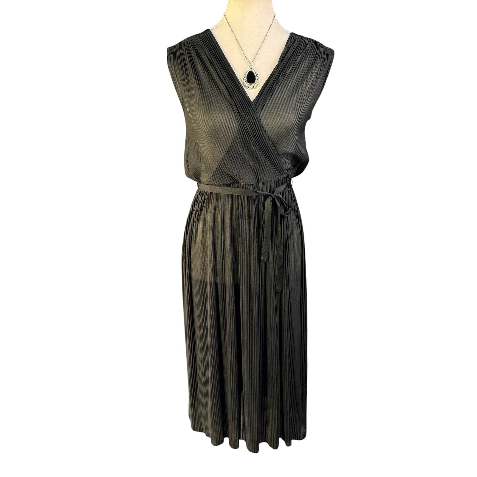 Vtg Stitches Black Stretch Pleated Surplice Midi Dress S12 Tie Waist Sheer