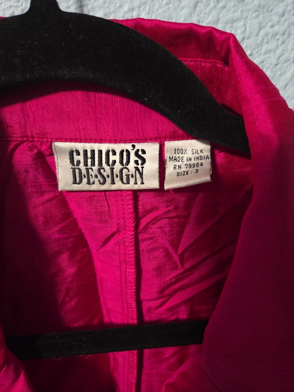 Vintage Chico’s Design 100% Silk Hot Pink Fuchsia Jacket Blazer Top Size 3 XL