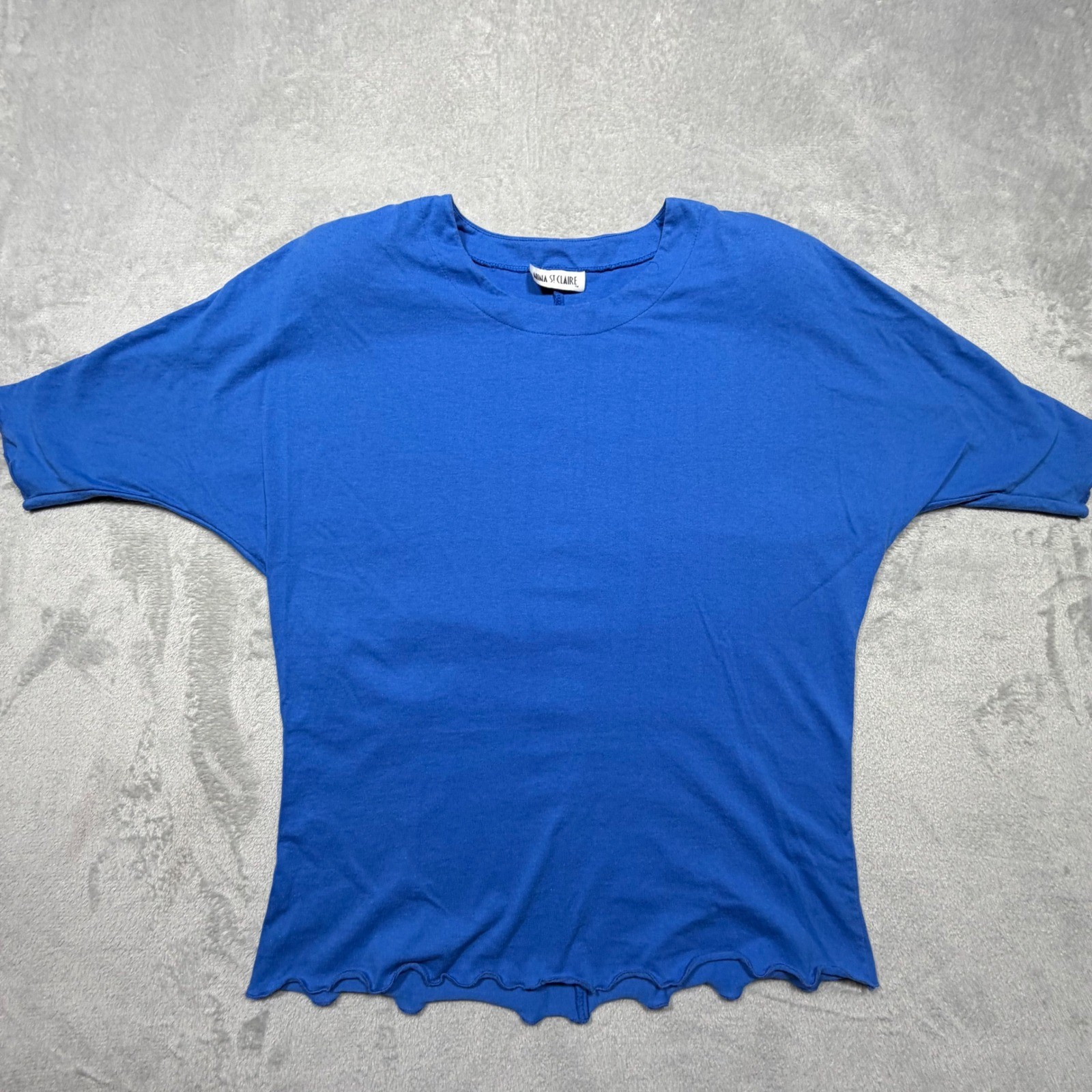 Vintage Nina St Claire Blue Cotton Batwing Lettuce Hem Top Size L 90s Minimalist