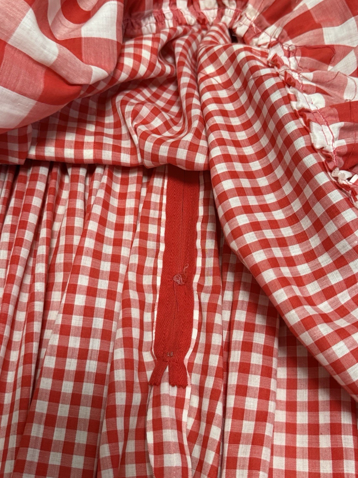 Vtg 70s Handmade Prairie Dress Red Gingham Lace Bib Farmhouse XL Storybook Style