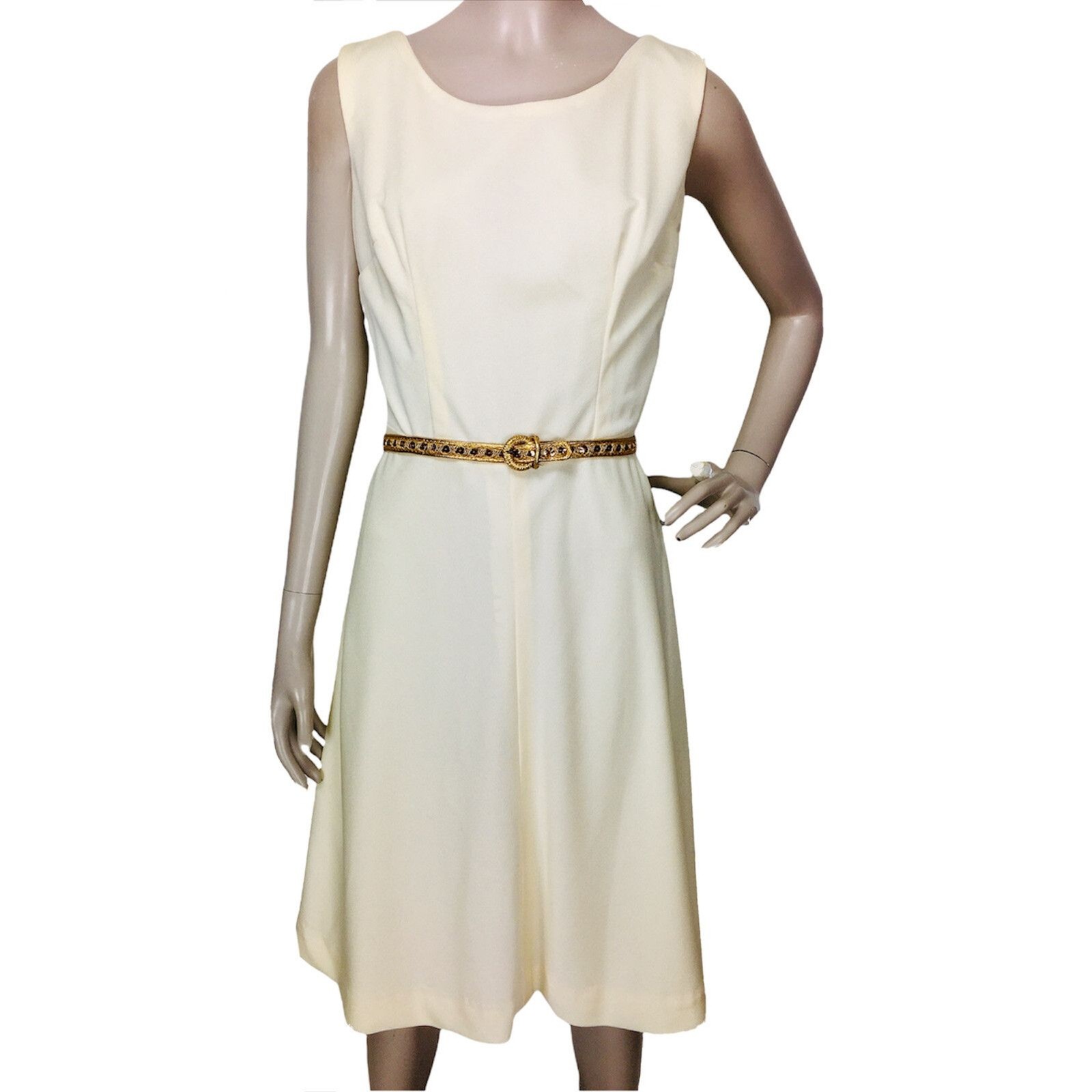 Vintage 60s Ivory & Gold Belted Dress Bolero Jacket Head Scarf 4 Piece Set