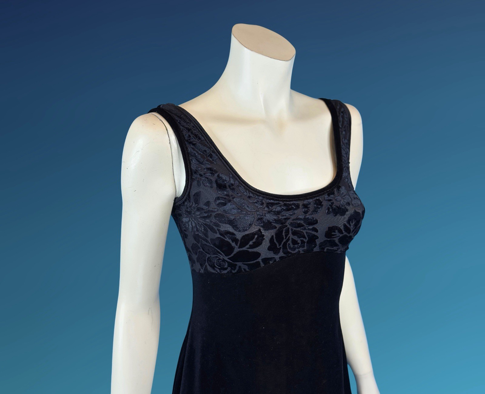 90s Black Cut Velvet Empire Waist Maxi Slip Dress XS