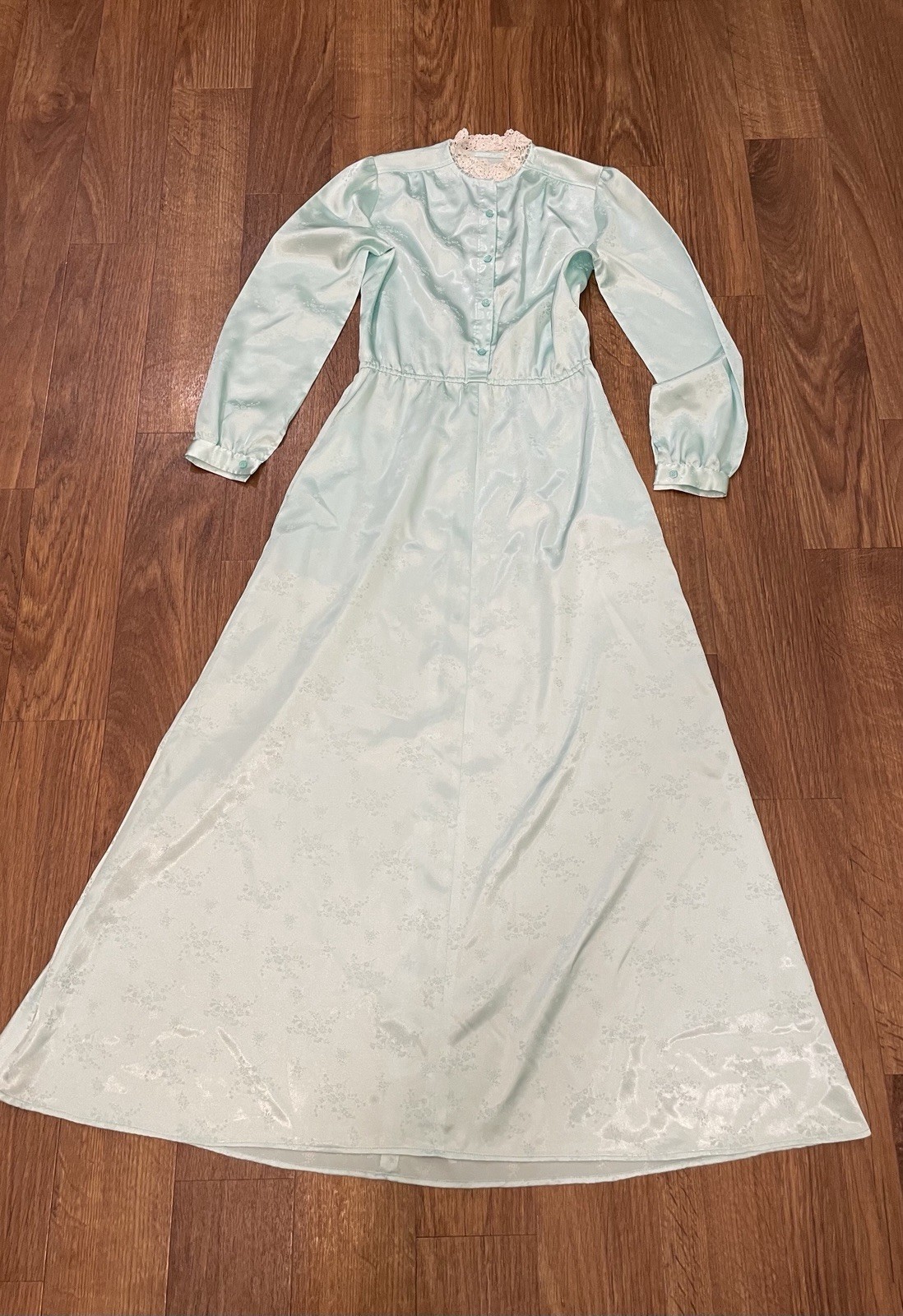 Vintage 60s Blue Satin Prom Maxi Dress Small Floral Modest Cottagecore Coquette