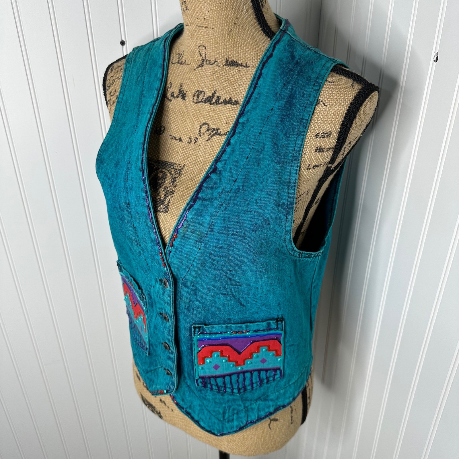 Vtg Turquoise Tyrtle Painted Design Wear Vest Southwestern Acid Wash Festival OS