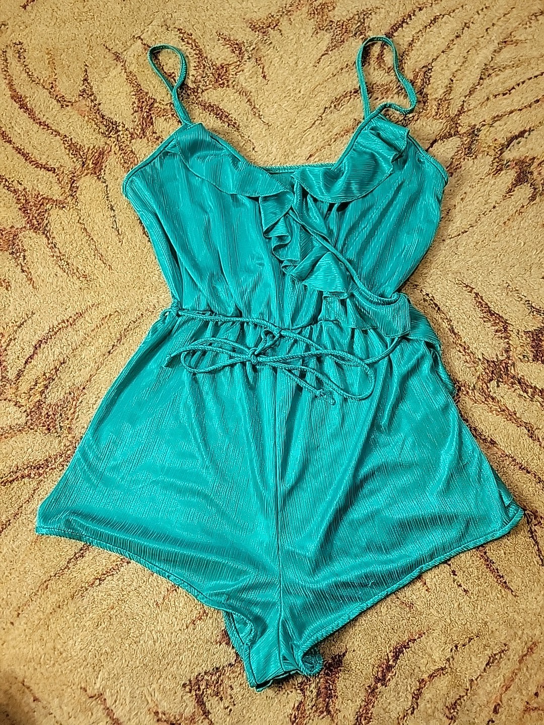 Vintage Flair Teddy One Piece Playsuit Romper Lace Ruffle Union Made Teal Small