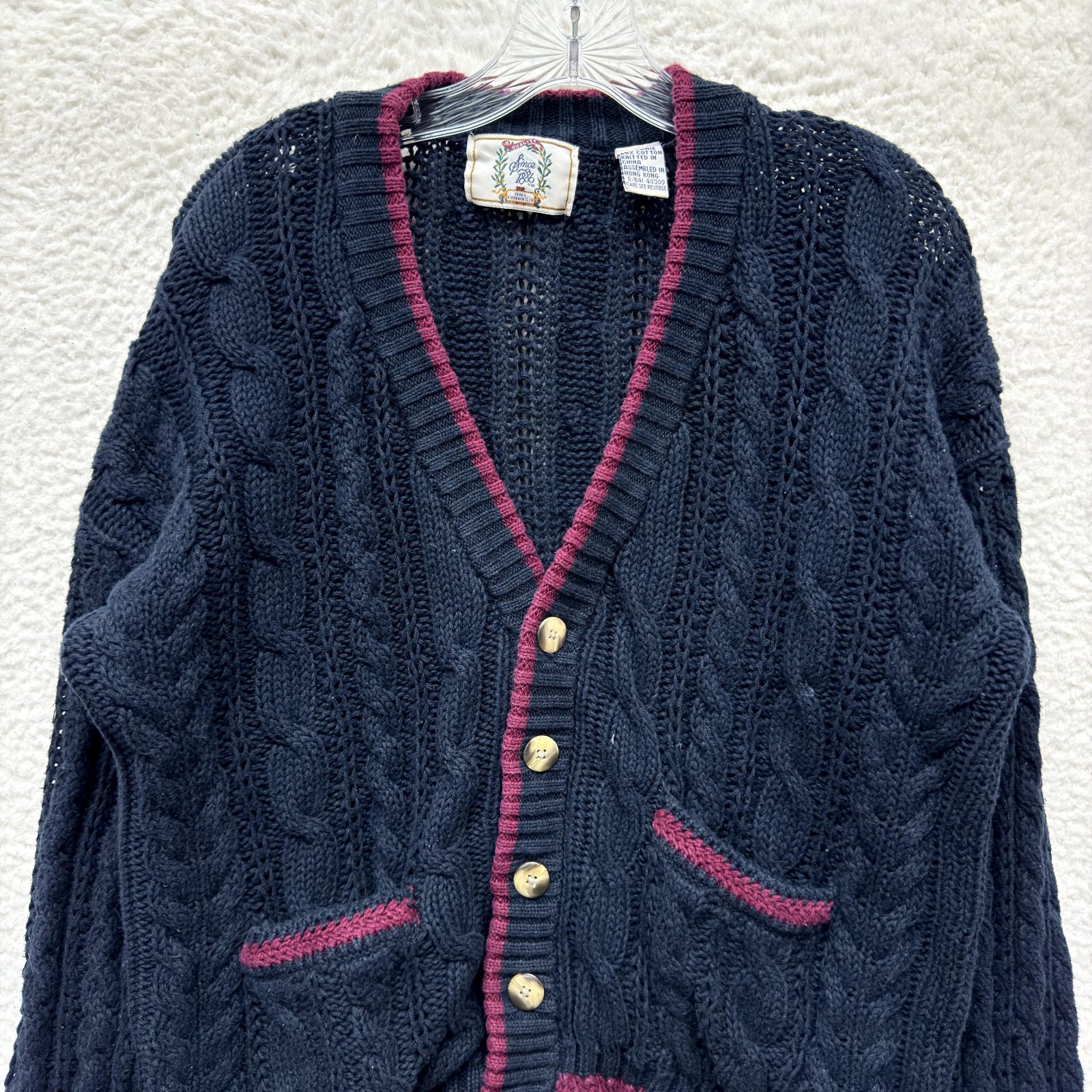 90s Vintage Cardigan Sweater Large Womens Navy Blue Chunky Cable Knit Academia
