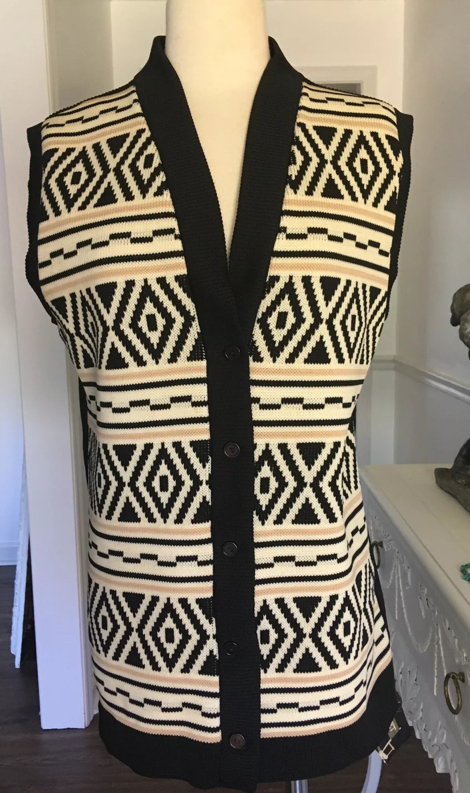 NWT 1970s Vintage STAGE 7 Vest Jacket GEOMETRIC Native Print Poly Knit M
