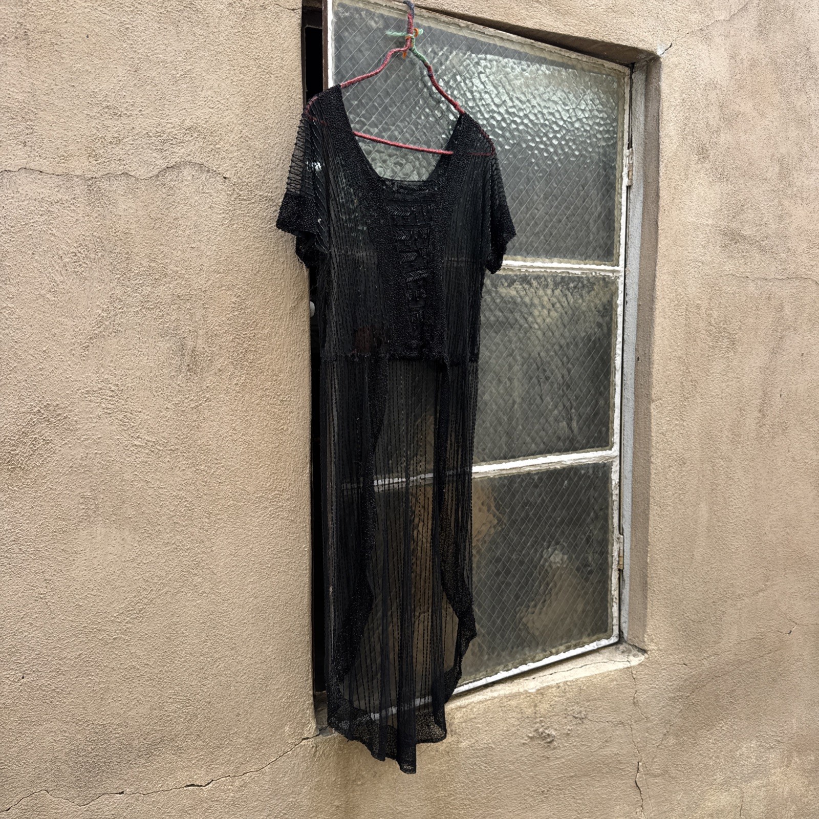 Antique 1920s Black Net Heavily Beaded Dress Train Short in Front Floral Vintage