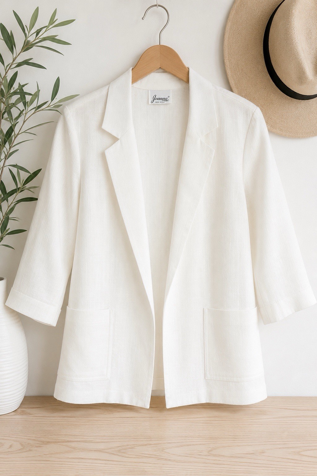 Vintage Joanna USA White Linen Look Open Front Blazer Jacket Lightweight Career
