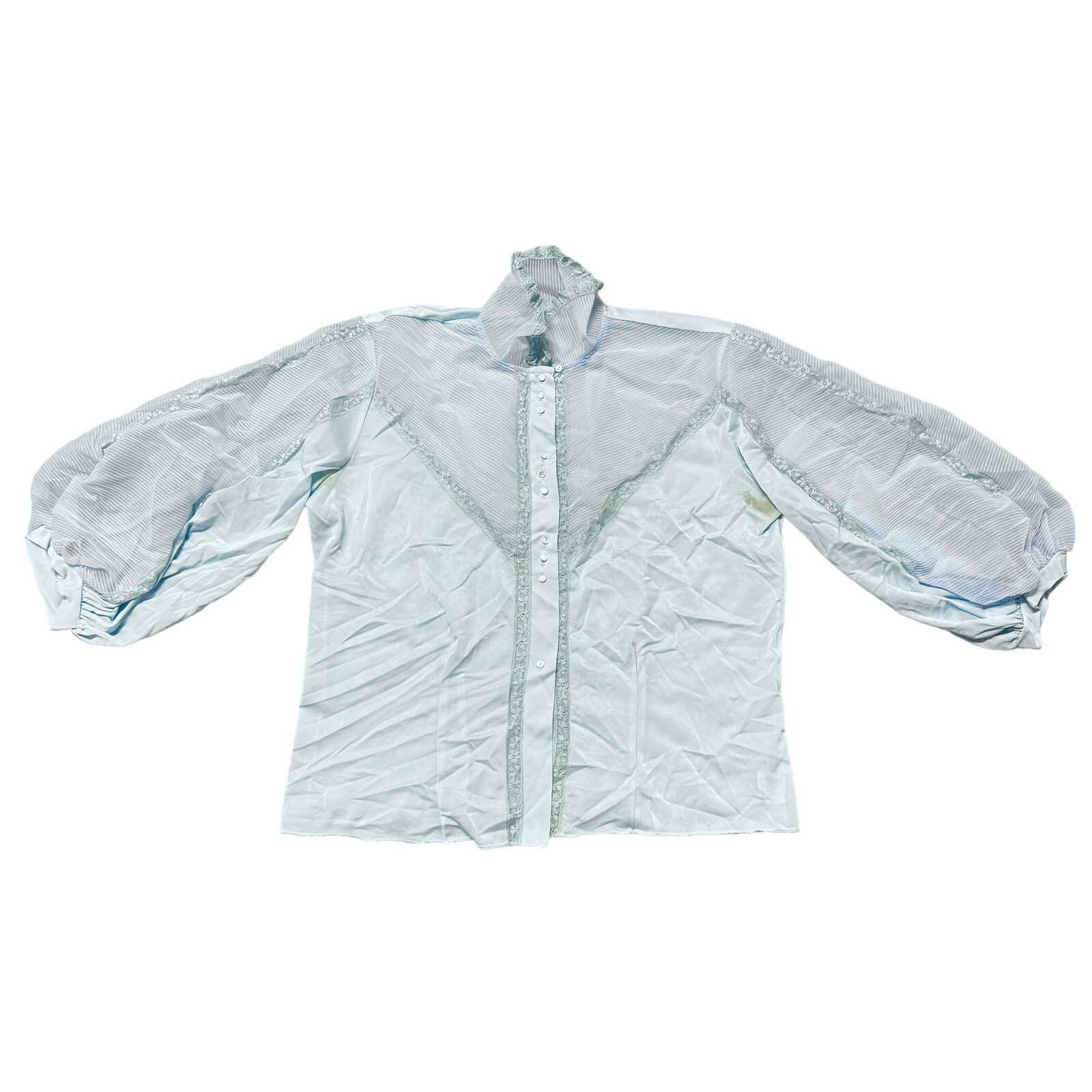 Vtg 1960s Lee Mar California Light Blue Inset Lace Balloon Sleeve Nylon Blouse