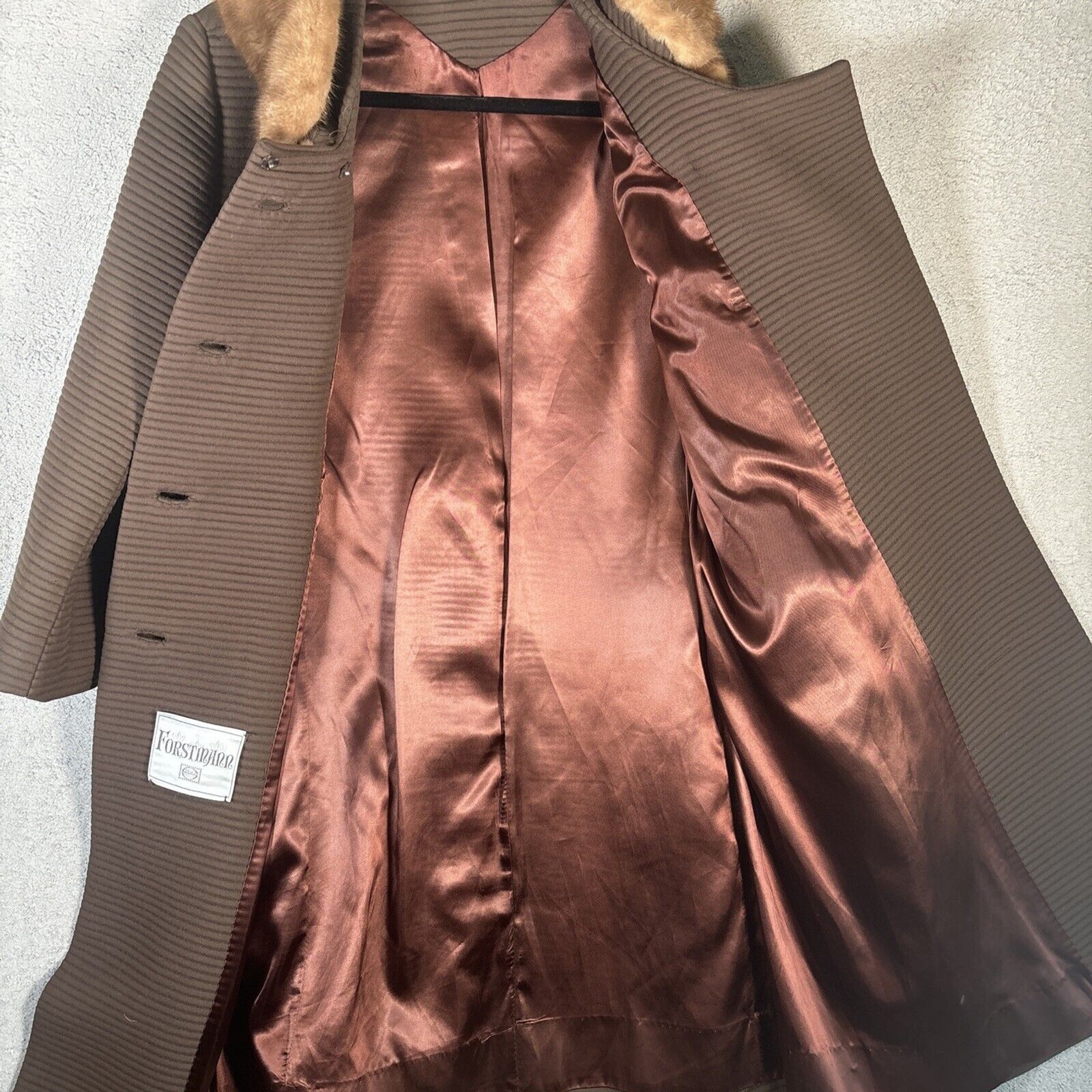 Vintage Forstmann Long Pea Coat Fur Collar Brown Double Breasted Mob Wife Duster