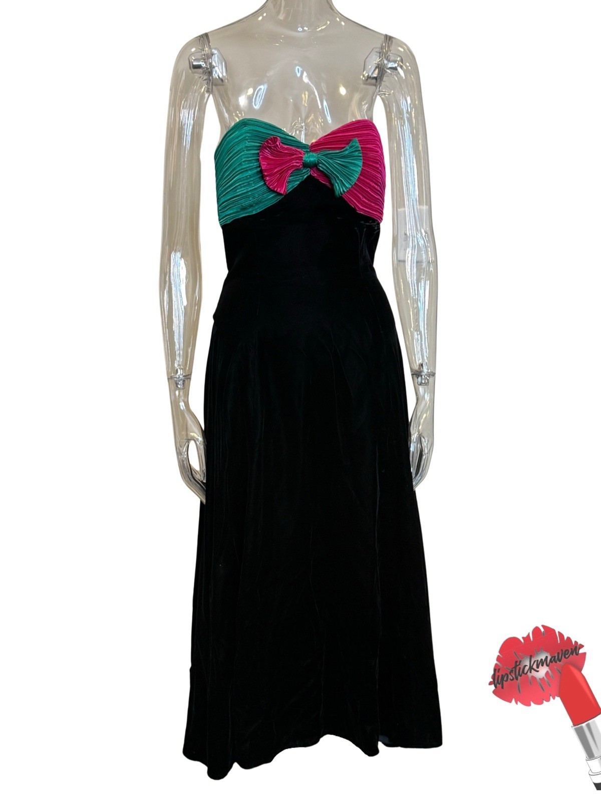 Vintage Morton Myles Dress 10 Black Pink Green Velvet Party Formal Ball Gown USA