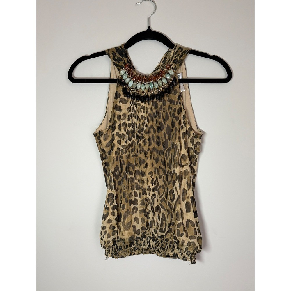 Vintage Cache Leopard Print Halter Top Beaded Bib Neck Smocked Blouse XS