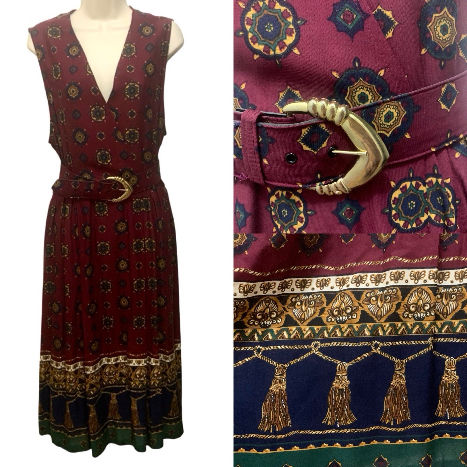 Vintage Bedford Fair Dress Sleeveless Belted Medallion Print Equestrian Size 14
