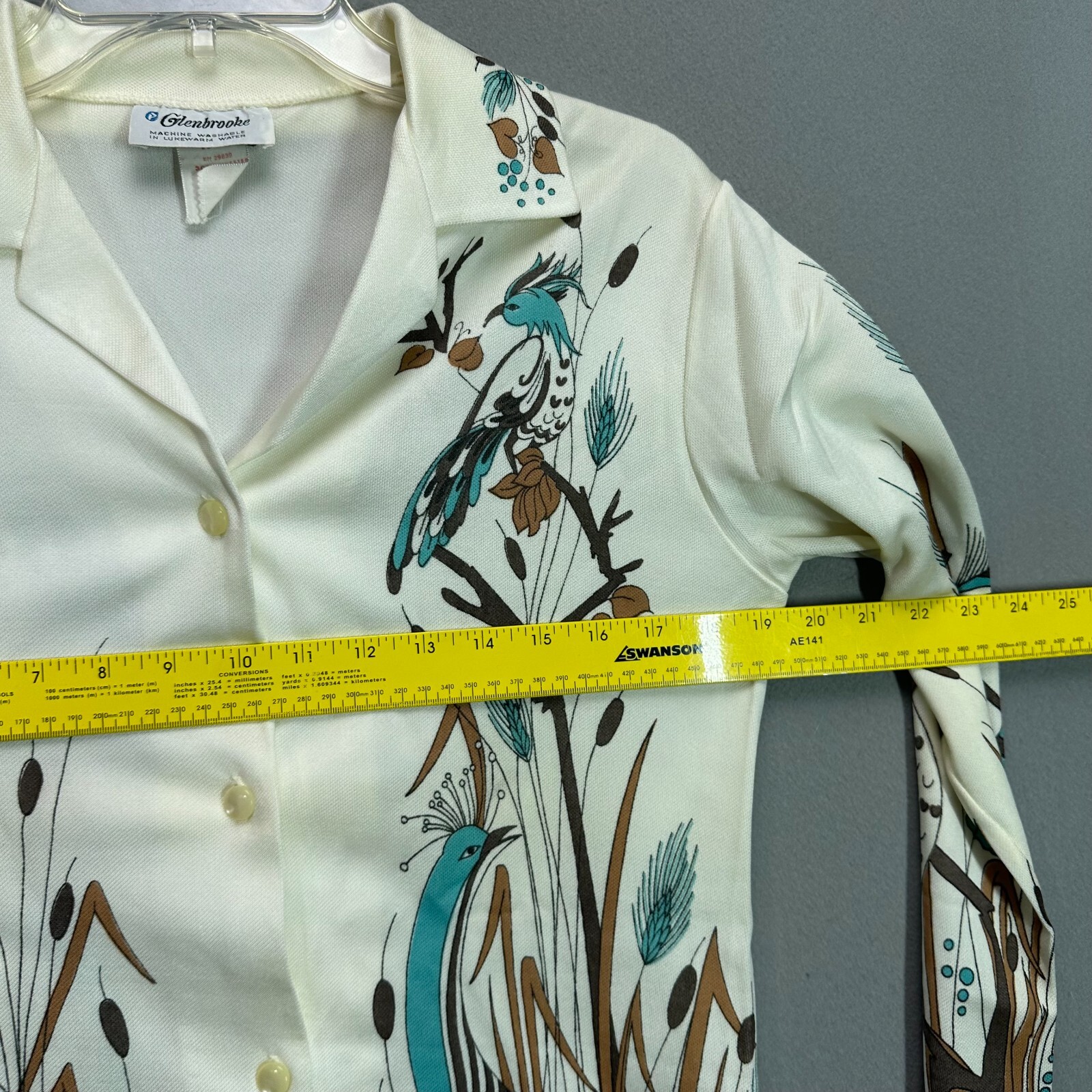 Vintage 70s Disco Shirt Womens M Polyester Peacock Feathers Teal Fall Holiday