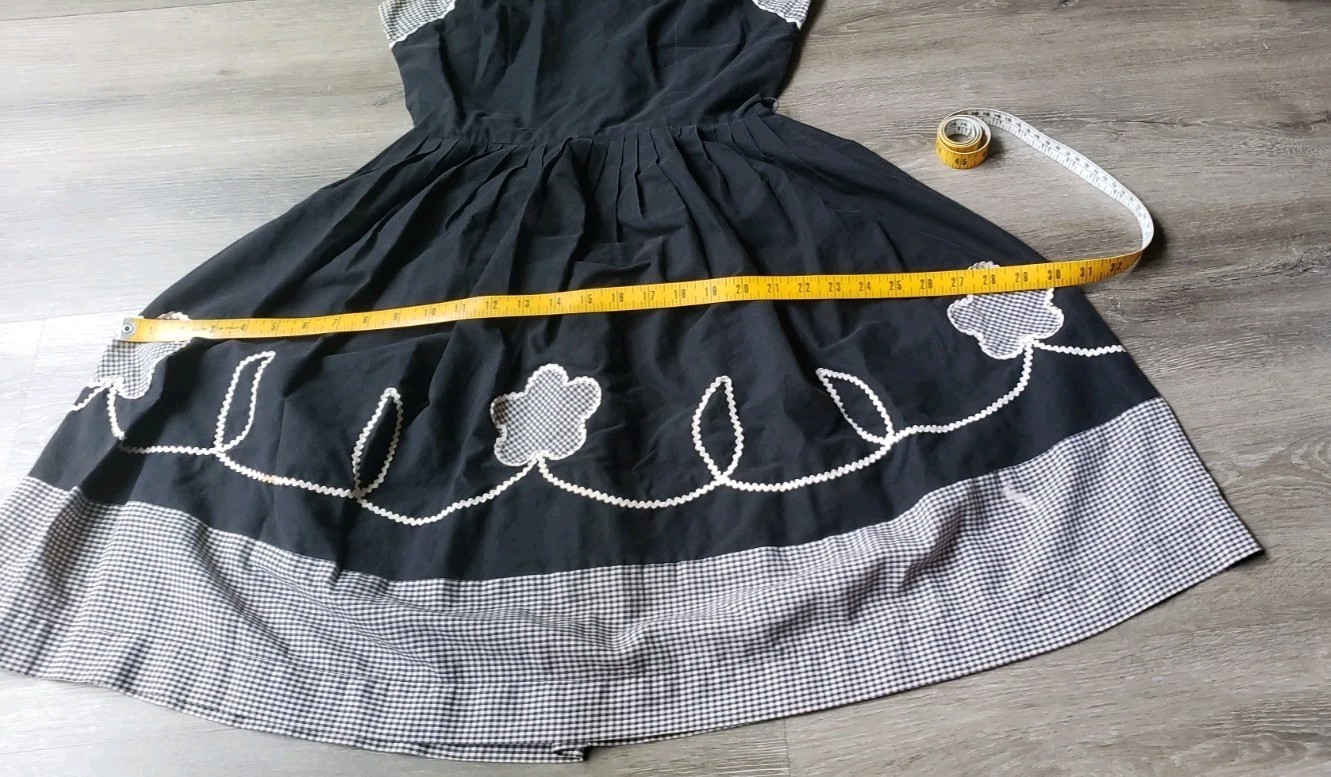 VTG 50s Black Gingham Rockabilly Dress Sz XS/S? Fit Flare Pinup Trad Wife DAMAGE