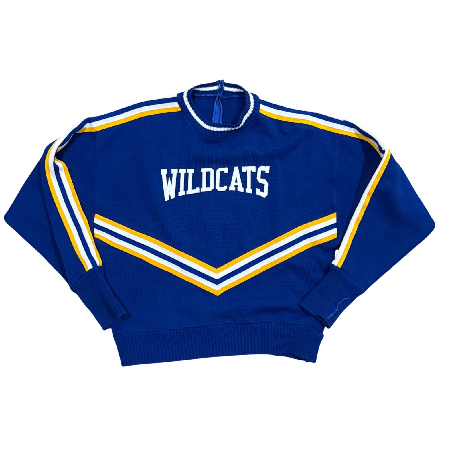 Vintage Wildcats Cheerleading Sweater Royal Blue Yellow White Chevron XL