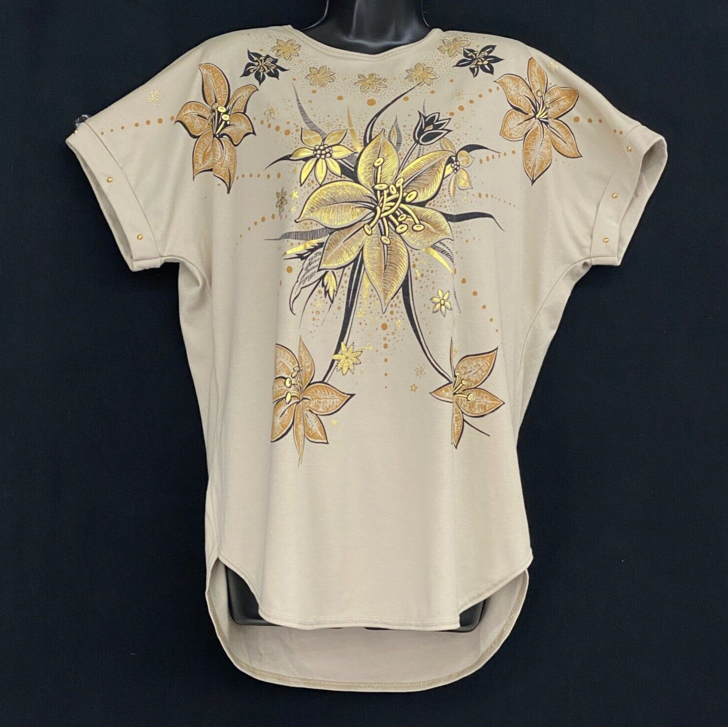 Vintage 1980s beige floral top, metallic gold short sleeve oversized cotton M L