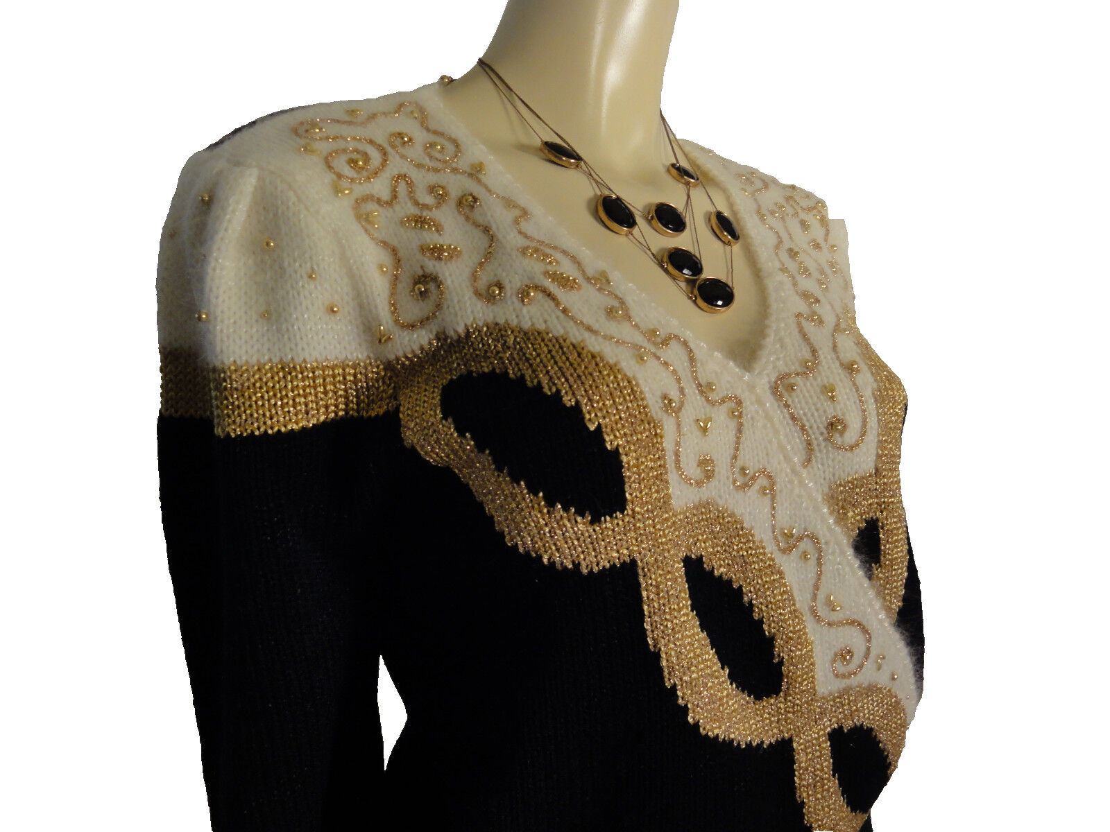 DANA SCOTT Vintage black, gold and white sweater with gold beading size Medium
