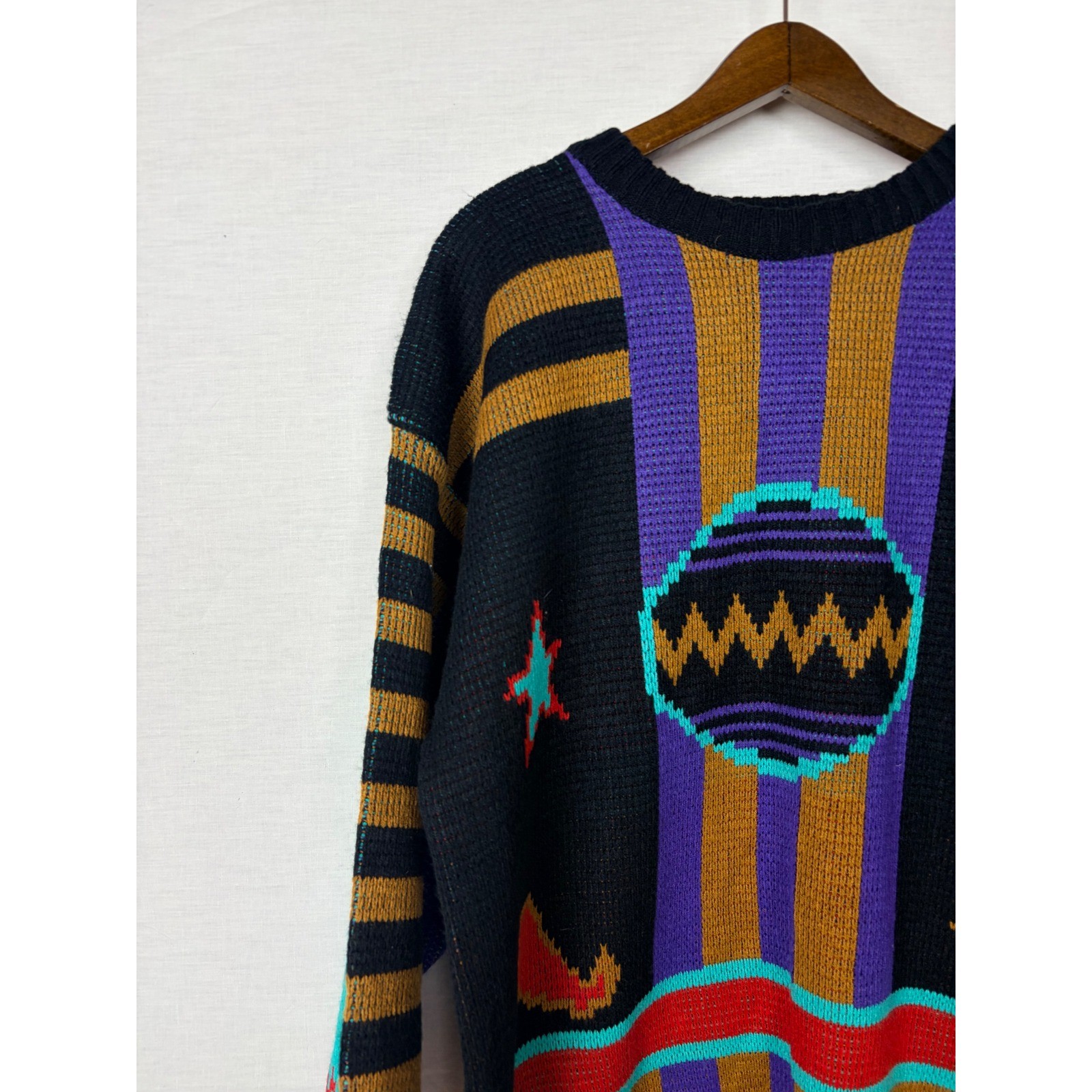 Zeppelin Vintage 90s Abstract Geometric Womens Knit Sweater XL Black Multi