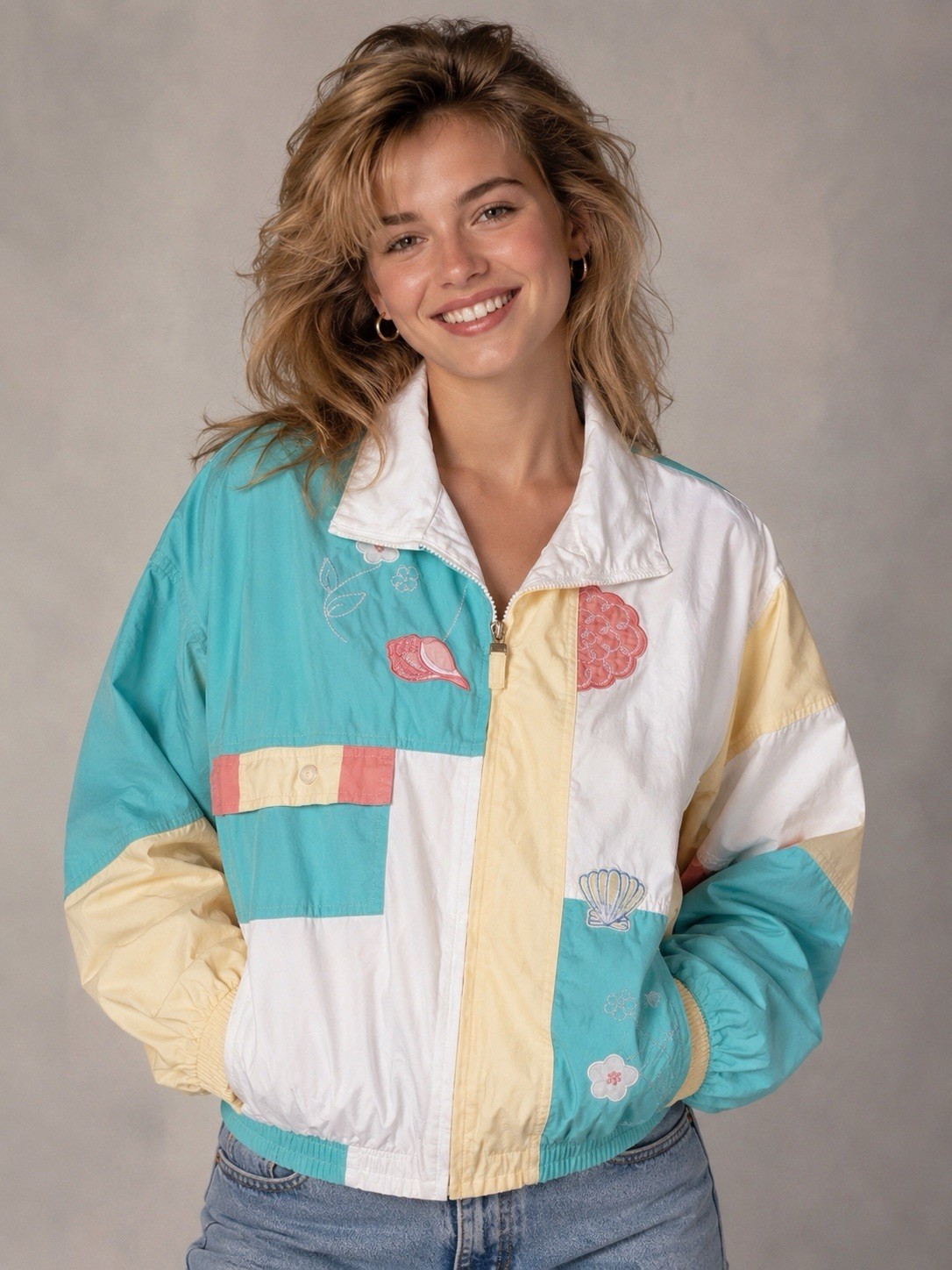 Vintage Koret Pastel Patchwork Embroidered Jacket XL Boho Coastal Grandma Beach