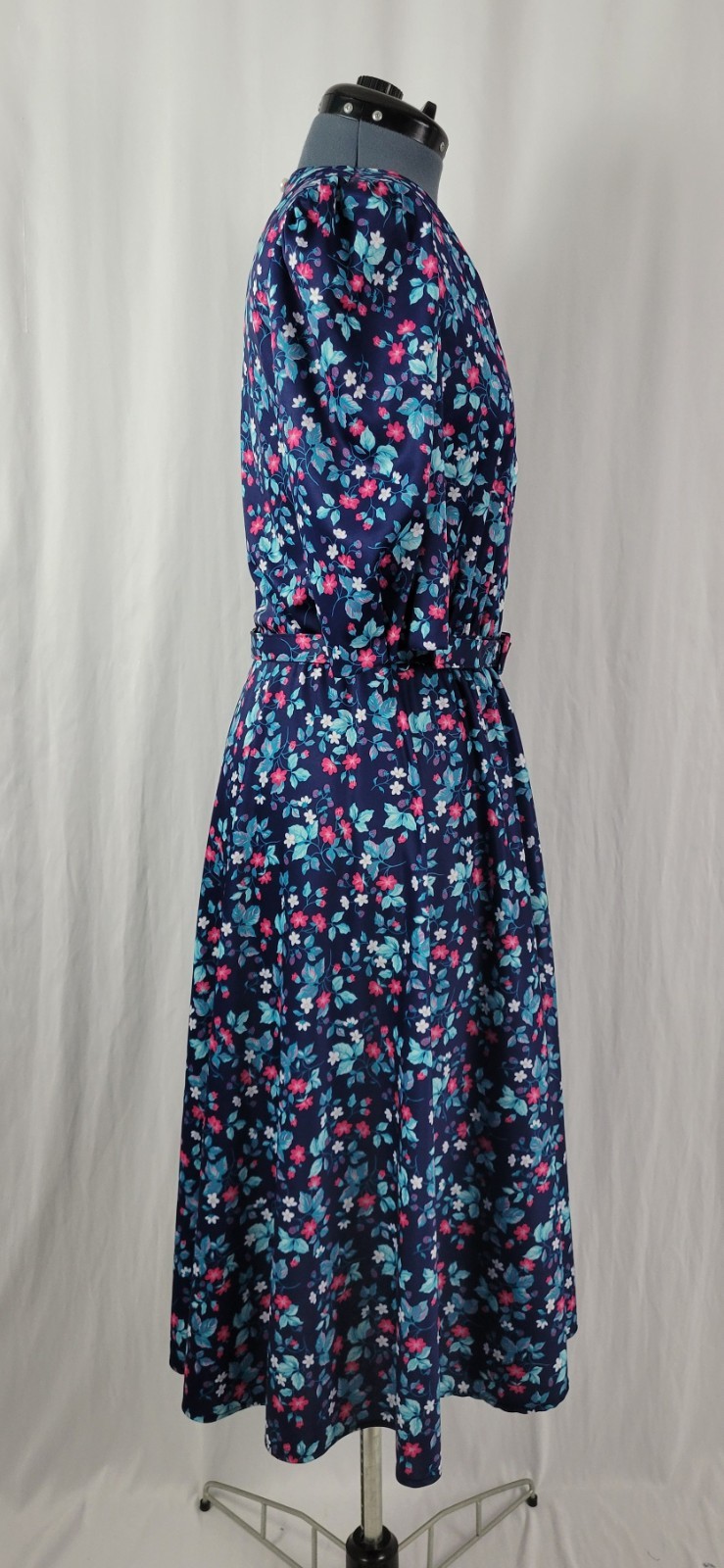 Vintage Whirlaway Blue Floral Dress w White Lace Inset & Matching Belt Size 12