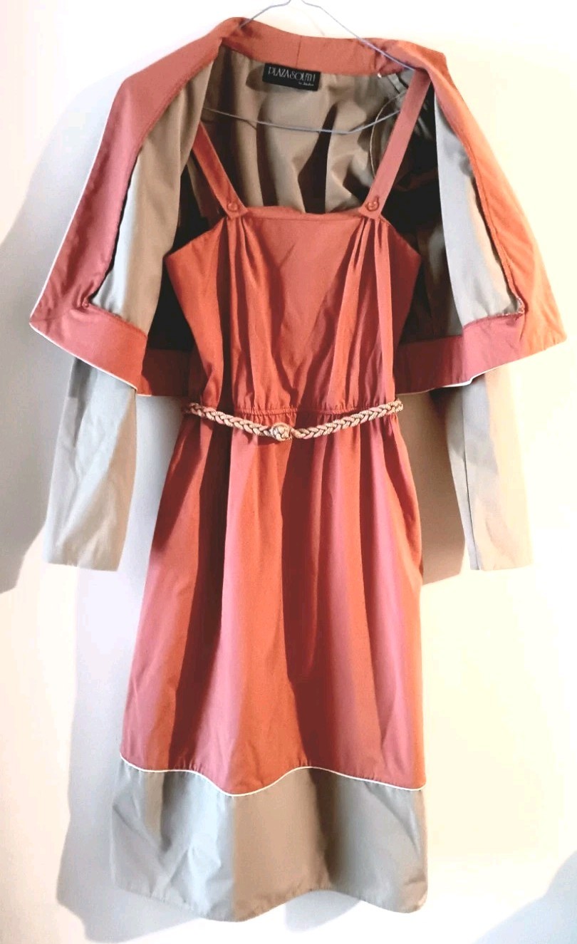 VTG Midi Dress Jacket Set Taupe Salmon Rope Belt Bolero Sz M 8 1970s Plaza South