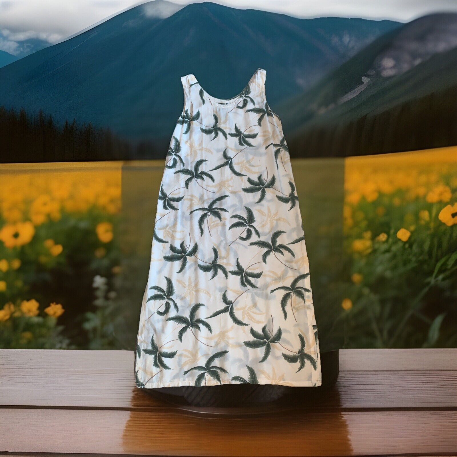 Paradise Found Dress Ivory Hawaii Vintage Palm Tree Resort Wear Sz Large rayon