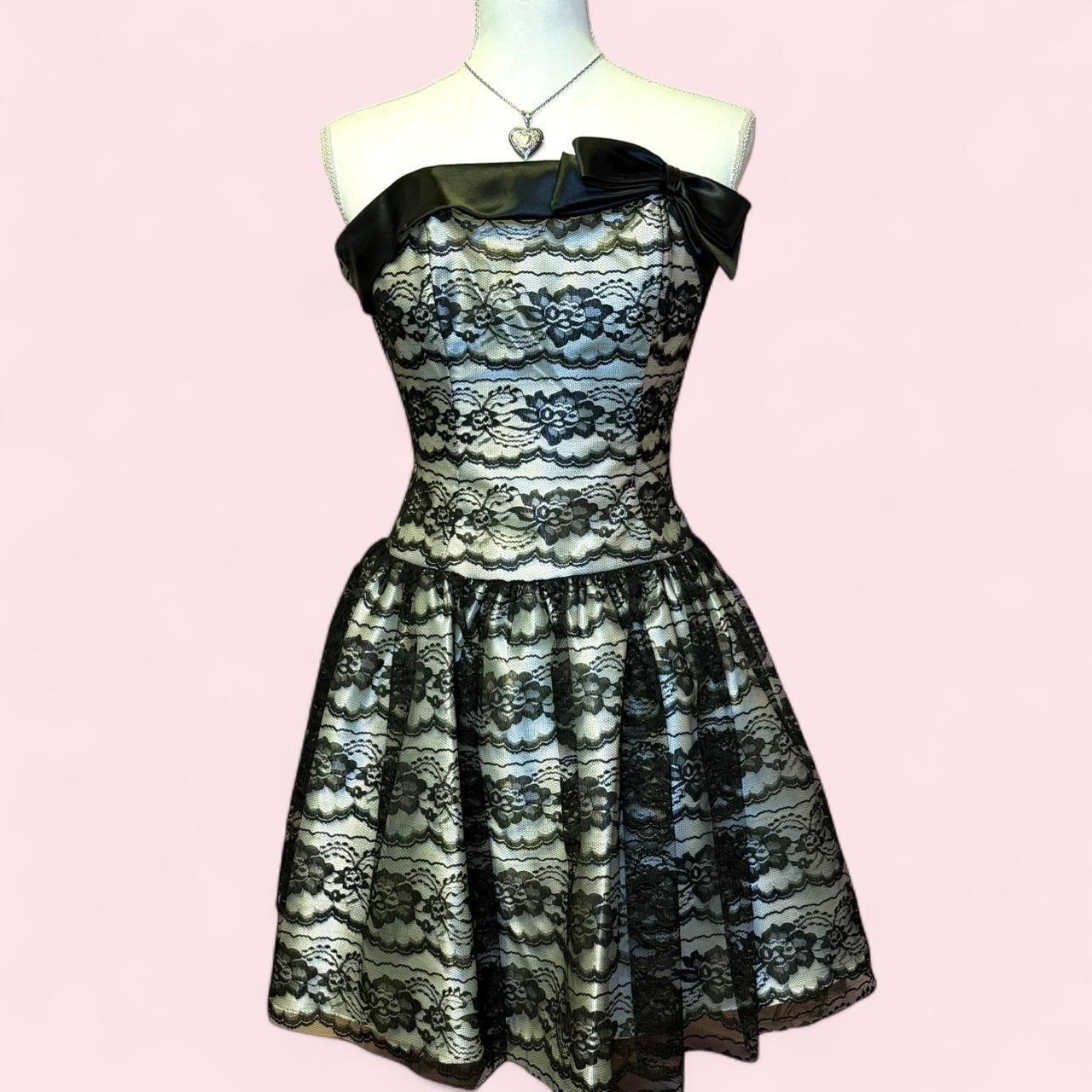 Vintage Jessica McClintock for Gunne Sax Black Lace Overlay Strapless Dress