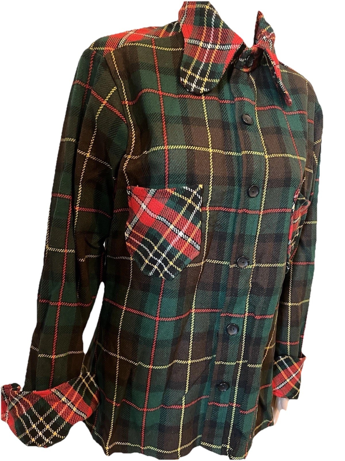 Vintage 1970s Green/Red Tartan Plaid Wool Blouse Women’s L Wide Collar Pockets
