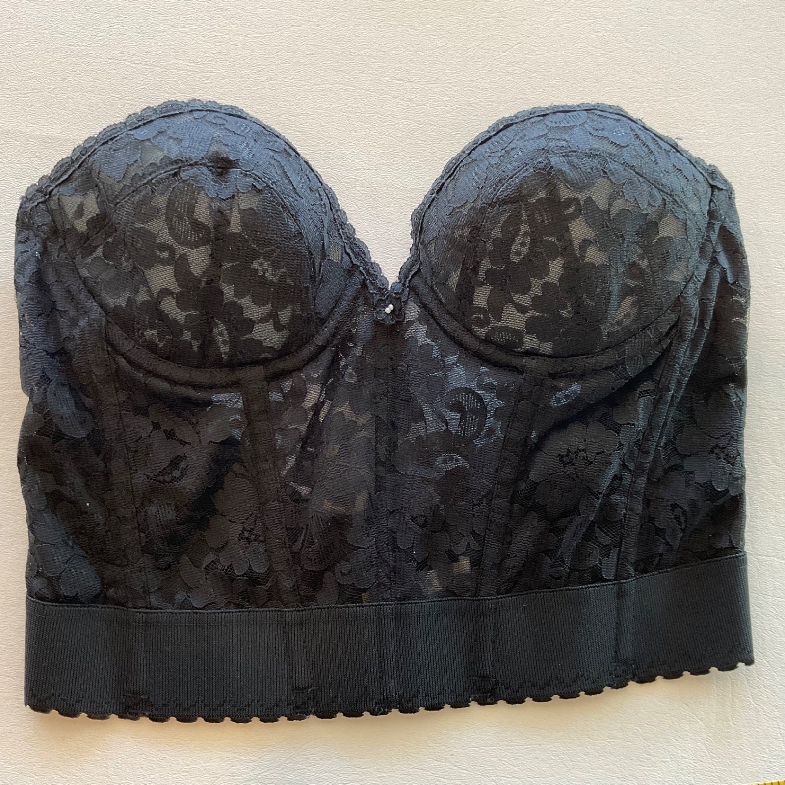 Vintage Shape Mate Black Lace Strapless Corset Bustier Ribbed Bra 36B
