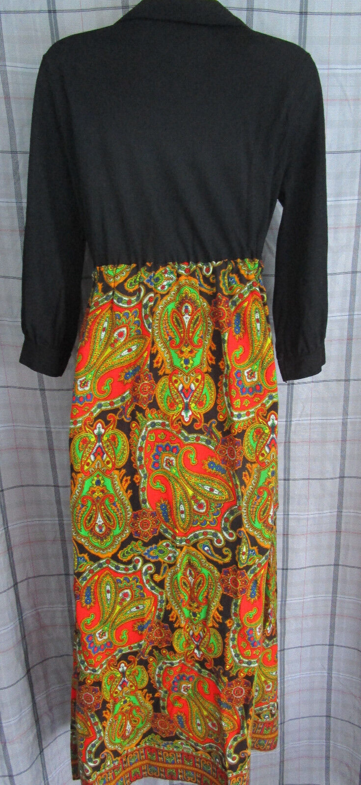 Vtg 70s Hippie Hostess Gown Psychedelic Lounge Paisley Print 2 Tone Maxi Dress