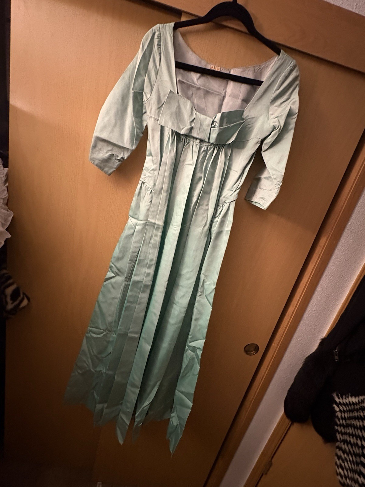 1960s Iridescent Turquoise Green Silk Taffeta Blend Formal Evening Gown.