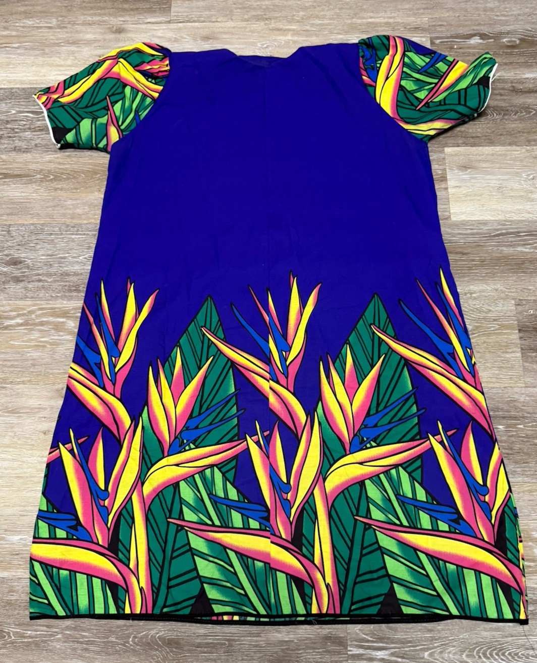 VTG 70s Hawaiian Dress Muumuu Tropical Bird Of Paradise Hand Made M Sz L EUC