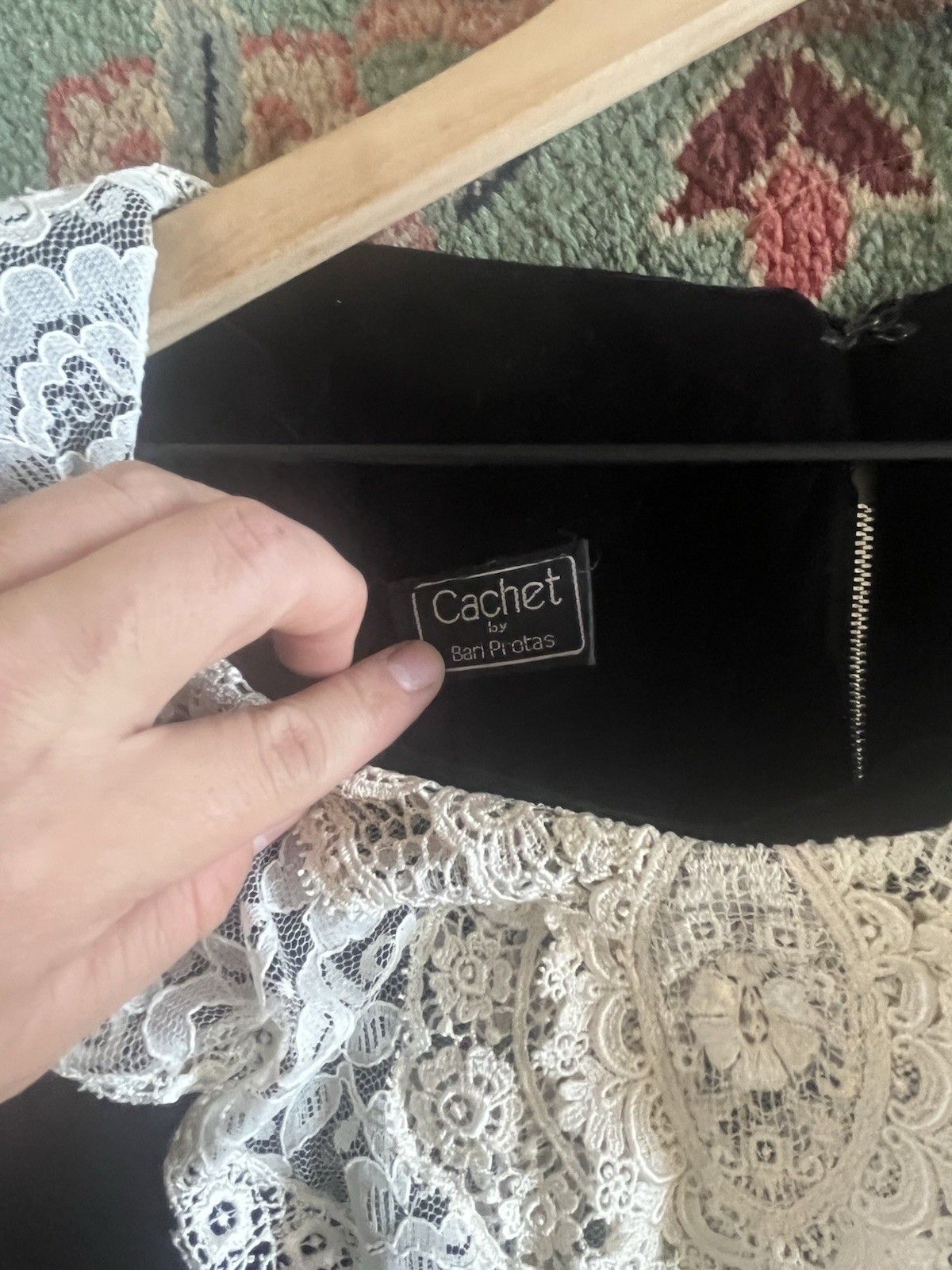 Vintage Cachet by Bari Protas Black Velvet Lace Collar Dress 80s Victoriana 5/6