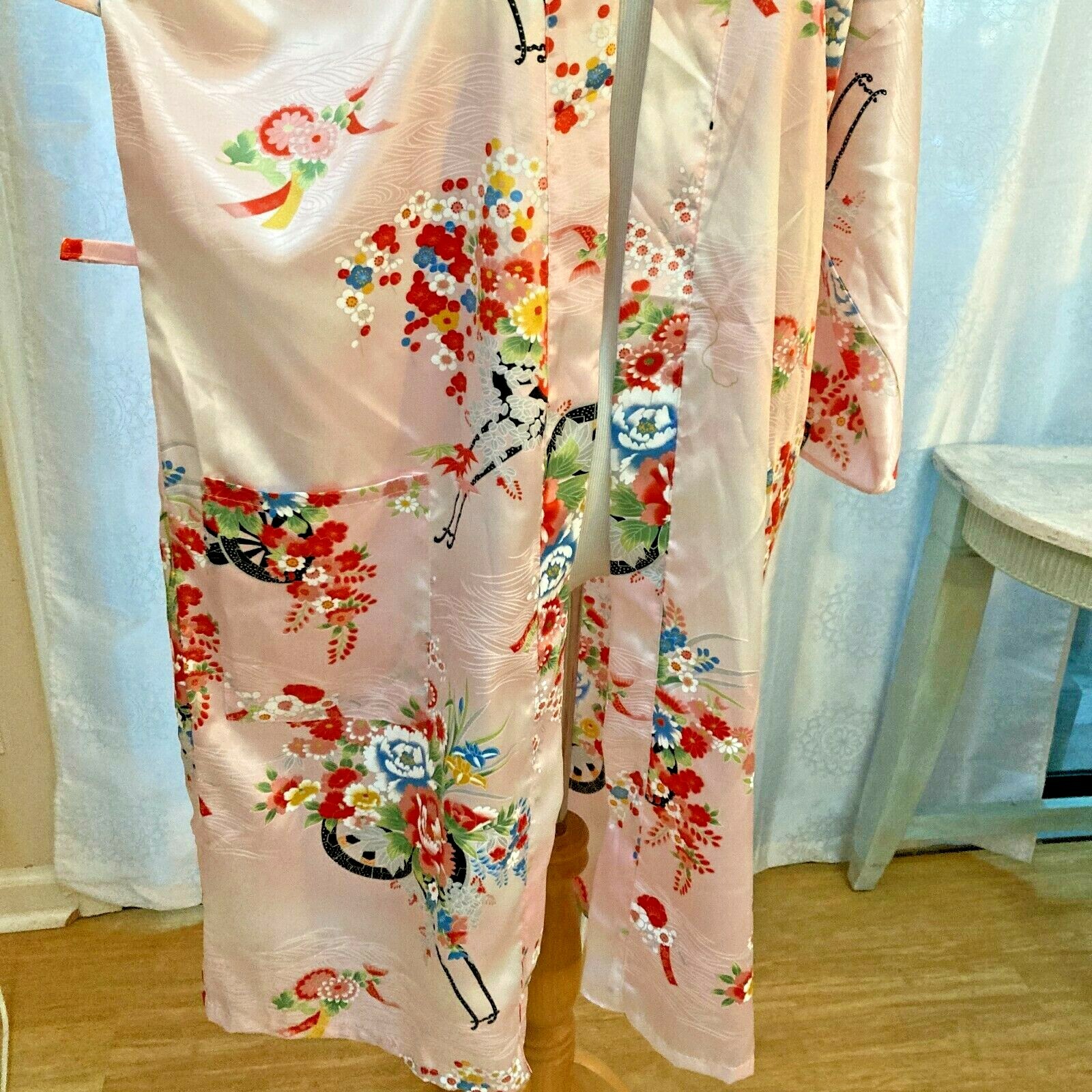 Vintage New Ichiban Japan Gown Kimono Robe Pink Floral Asian Oriental Size 42