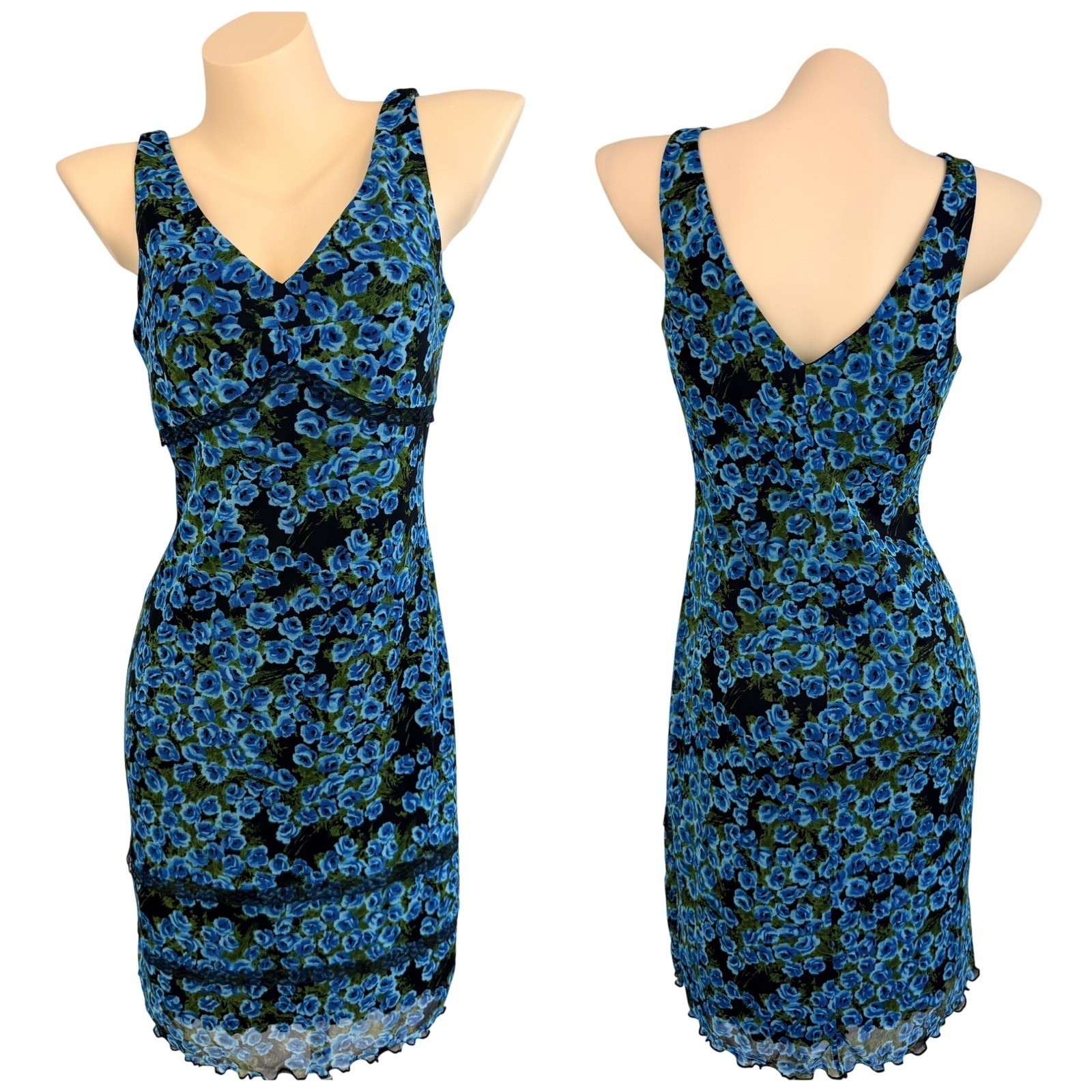 Vtg Y2K Floral Stretch Mesh Dress Sz L Black Lace Trim Lettuce Hem Whimsigoth