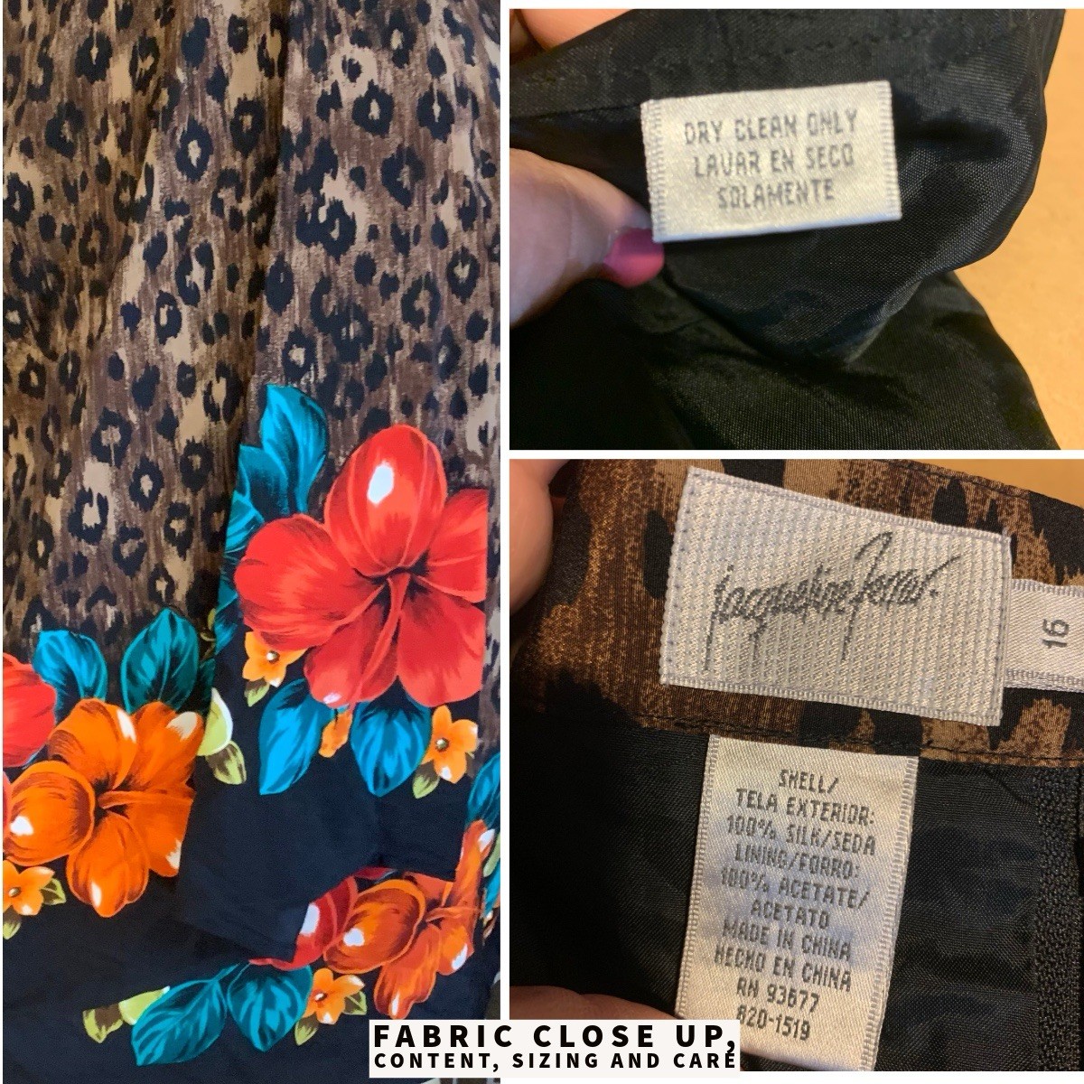 VINTAGE CIRCA 1980’S JAQUELINE FERRAR FLORAL & ANIMAL PRINT SILK SKIRT SZ 16
