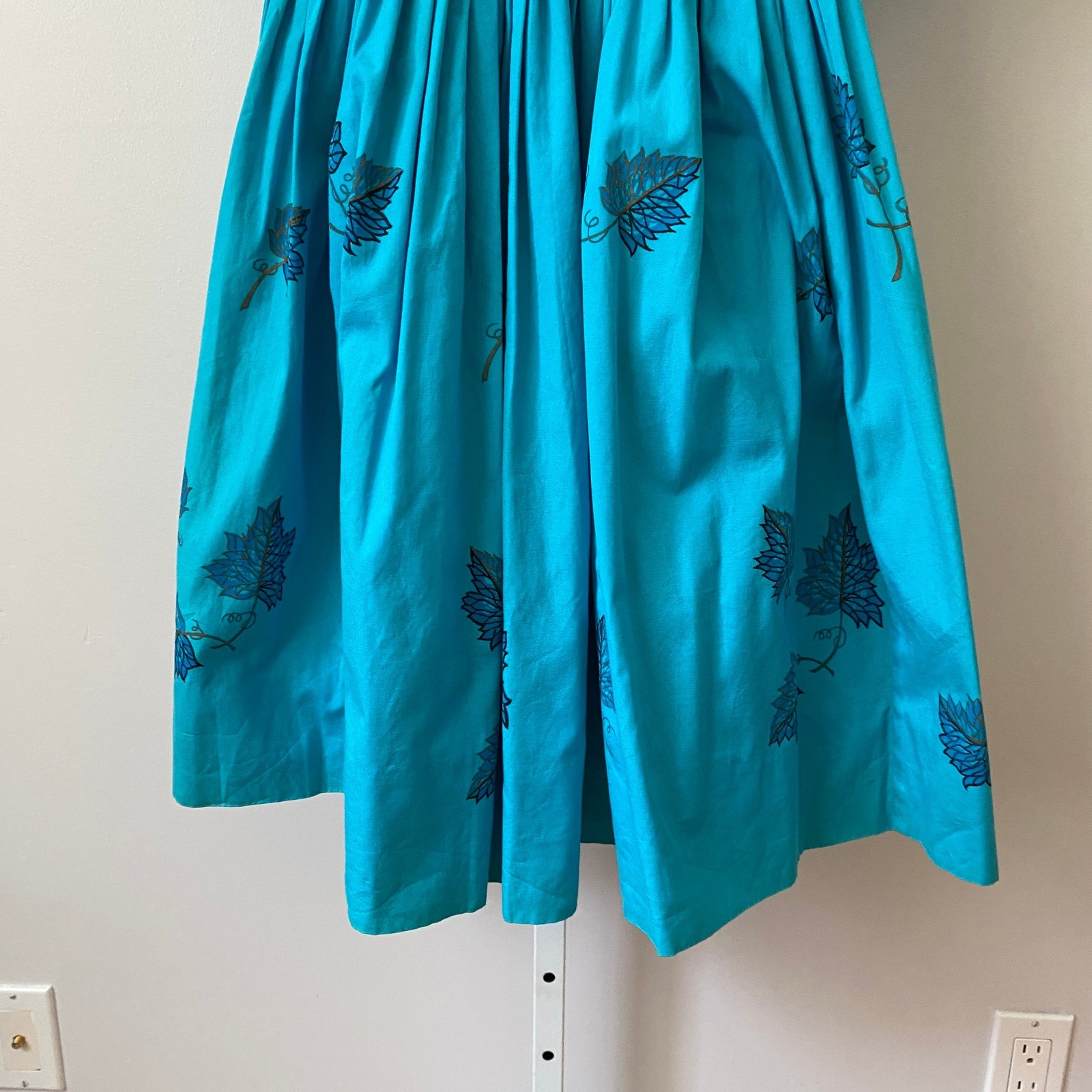 Vintage 60s Cotton Dainty Coquette Rockabilly Fit Flare Dress S Blue Leaf